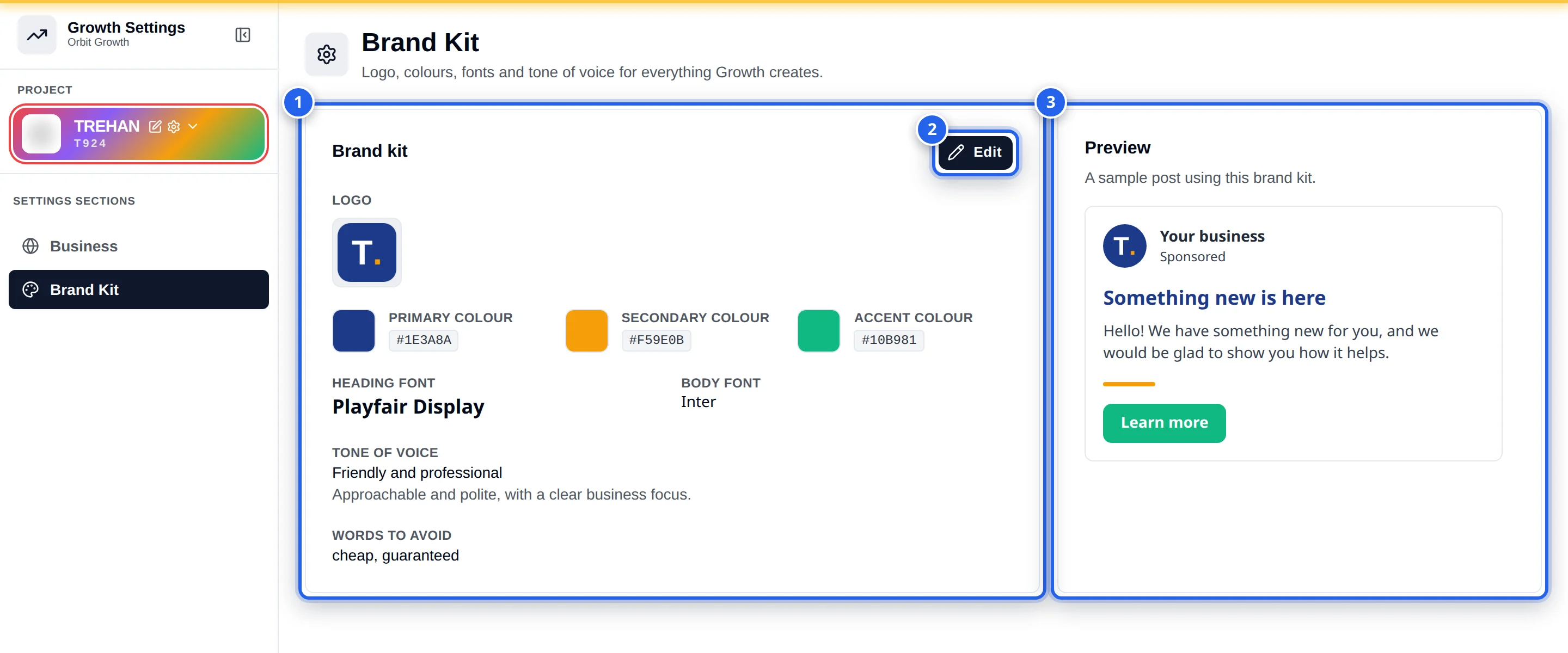 The Brand Kit section with a saved kit. The Brand kit card, marked 1, shows a logo, three colour swatches with their hex codes, a heading font, a body font, a tone of voice with its description, and words to avoid. The Edit button is marked 2. The Preview card, marked 3, shows a sample post