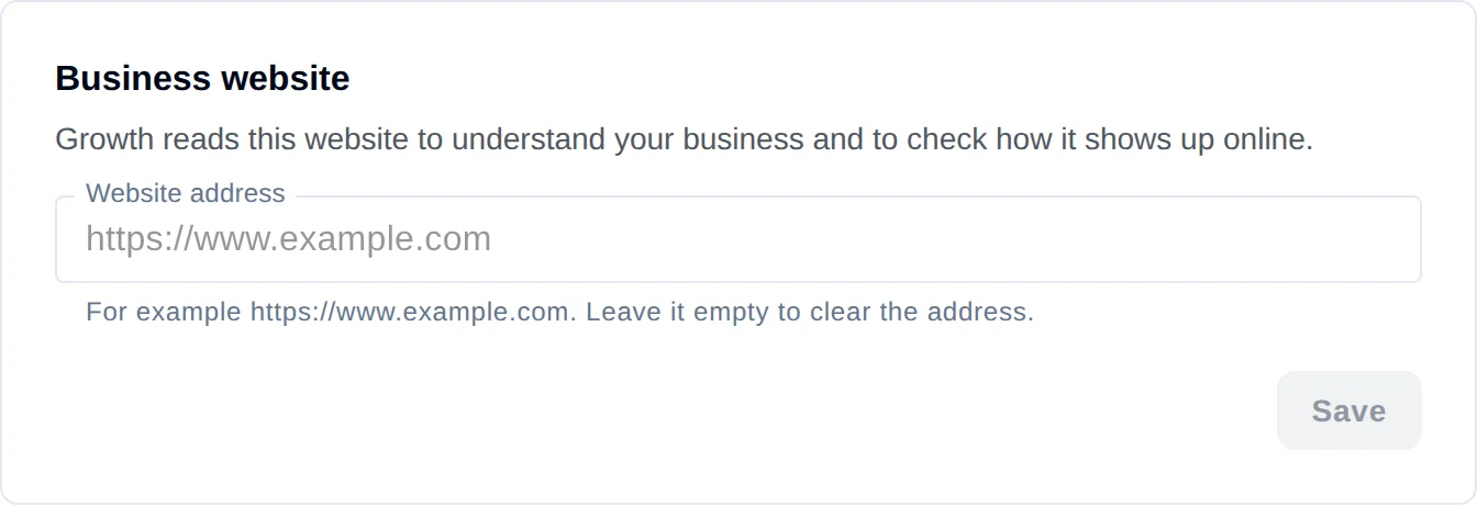 The Business website card with an empty Website address field showing the placeholder https://www.example.com and the helper text For example https://www.example.com. Leave it empty to clear the address. The Save button is greyed out