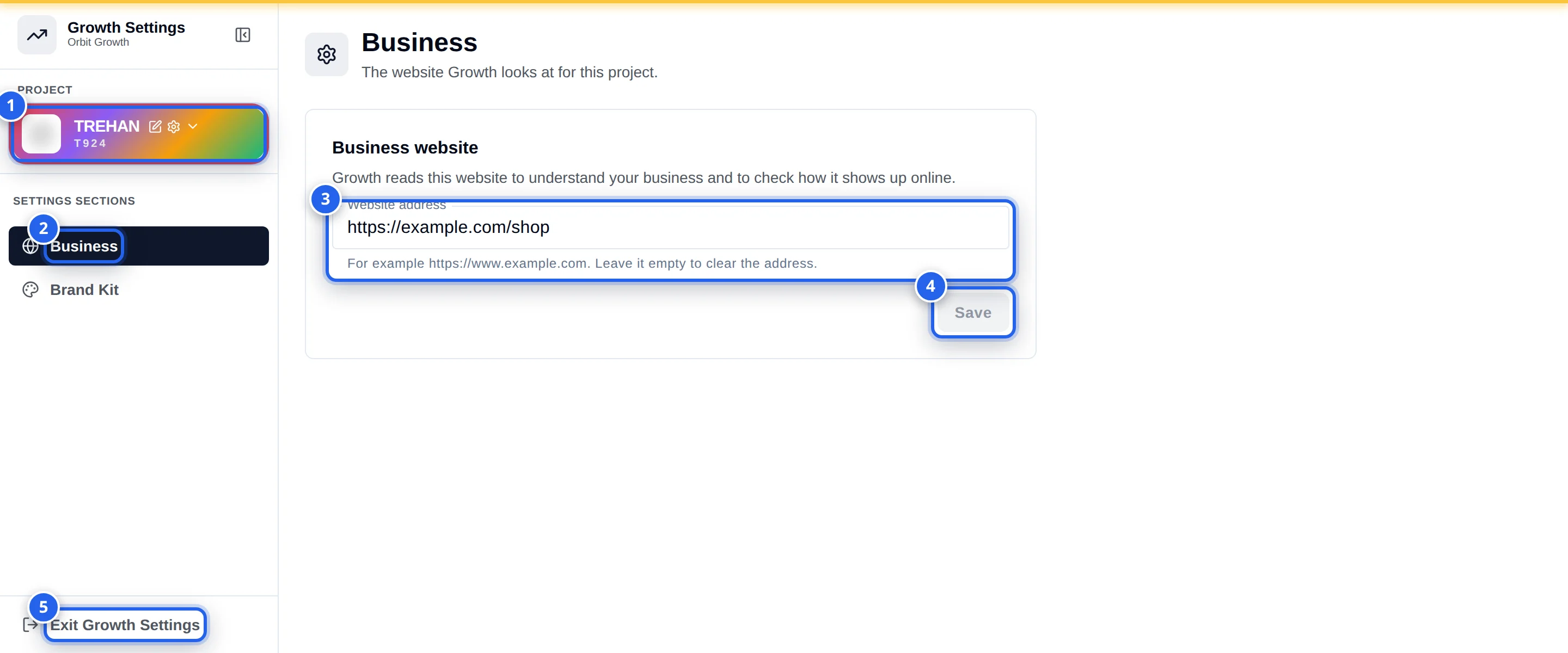 Growth Settings on the Business section. The rail on the left shows the project selector marked 1 and the Business and Brand Kit sections with Business marked 2. The main area shows the Business website card with the Website address field marked 3 and the Save button marked 4. Exit Growth Settings at the foot of the rail is marked 5