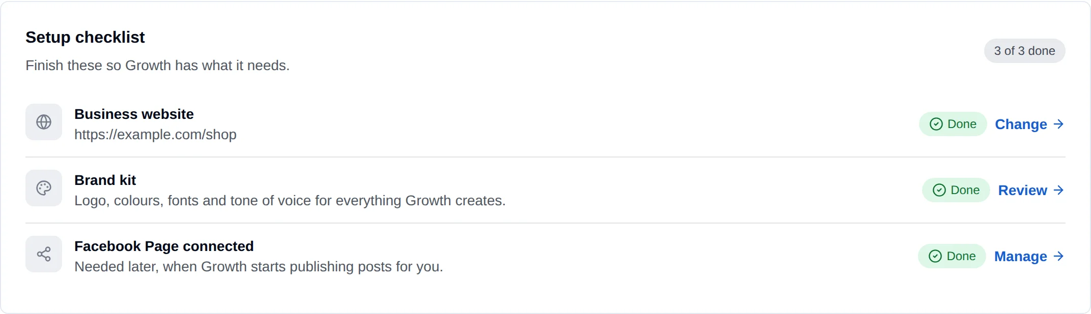 The Setup checklist reading 3 of 3 done. The Business website row shows a saved address and a Change link, the Brand kit row a Review link, and the Facebook Page connected row a Manage link, each with a green Done badge