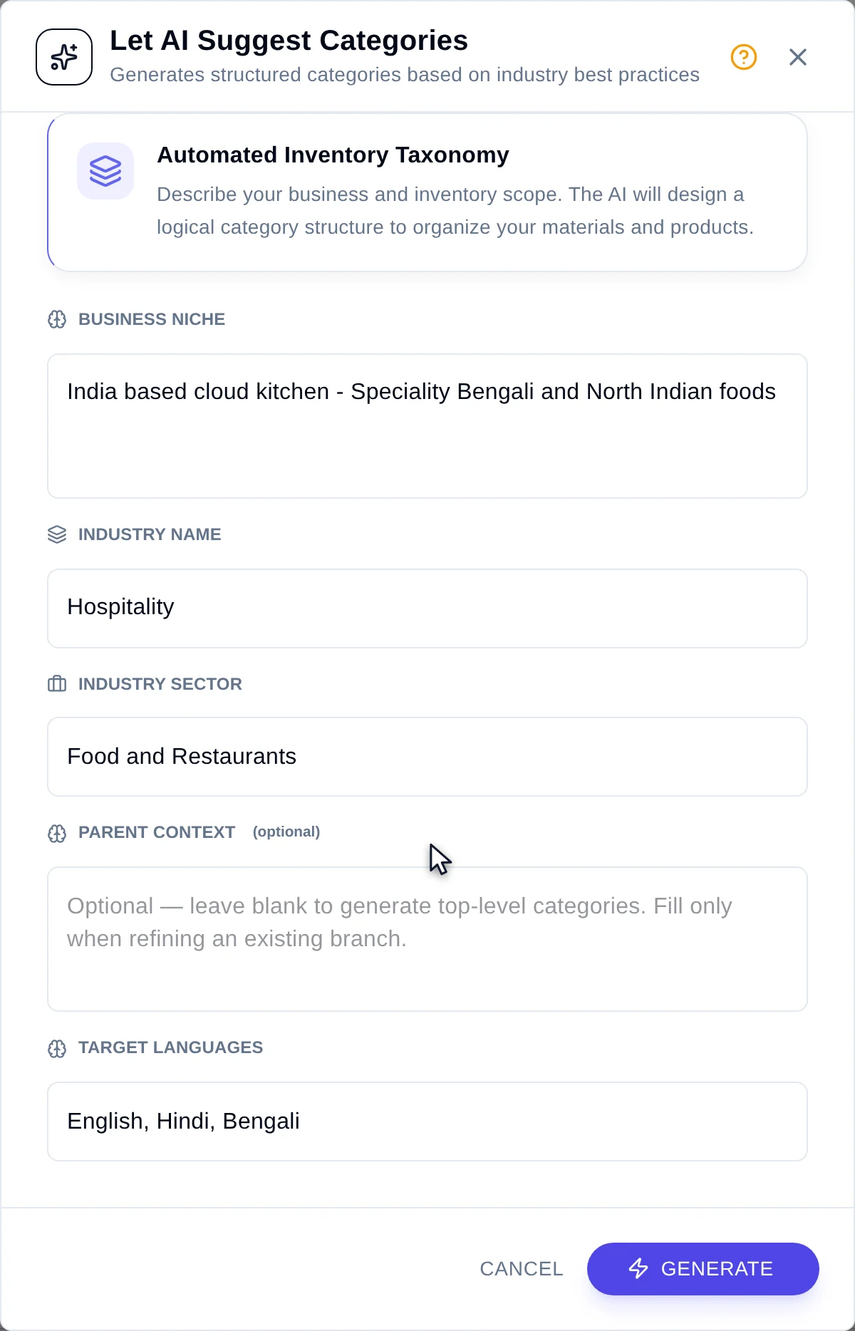 The AI category suggestion modal with target language chips and a business description field