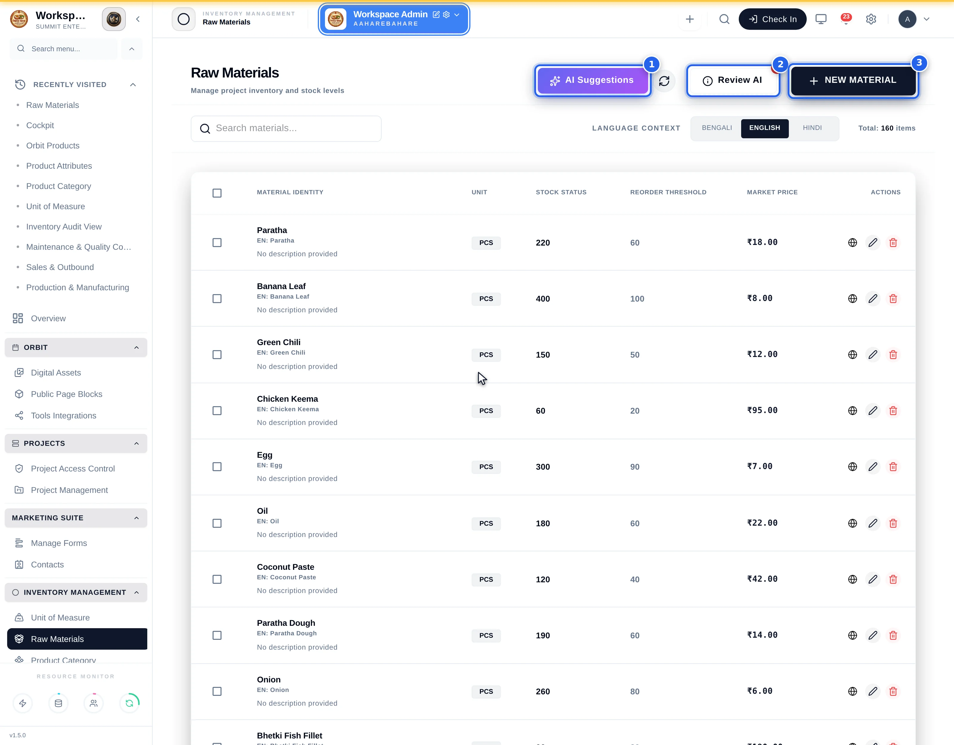 The Raw Materials list showing material identity, unit, stock status with LOW STOCK pills, reorder threshold and market price columns, with AI Suggestions, Review AI and New Material buttons in the header
