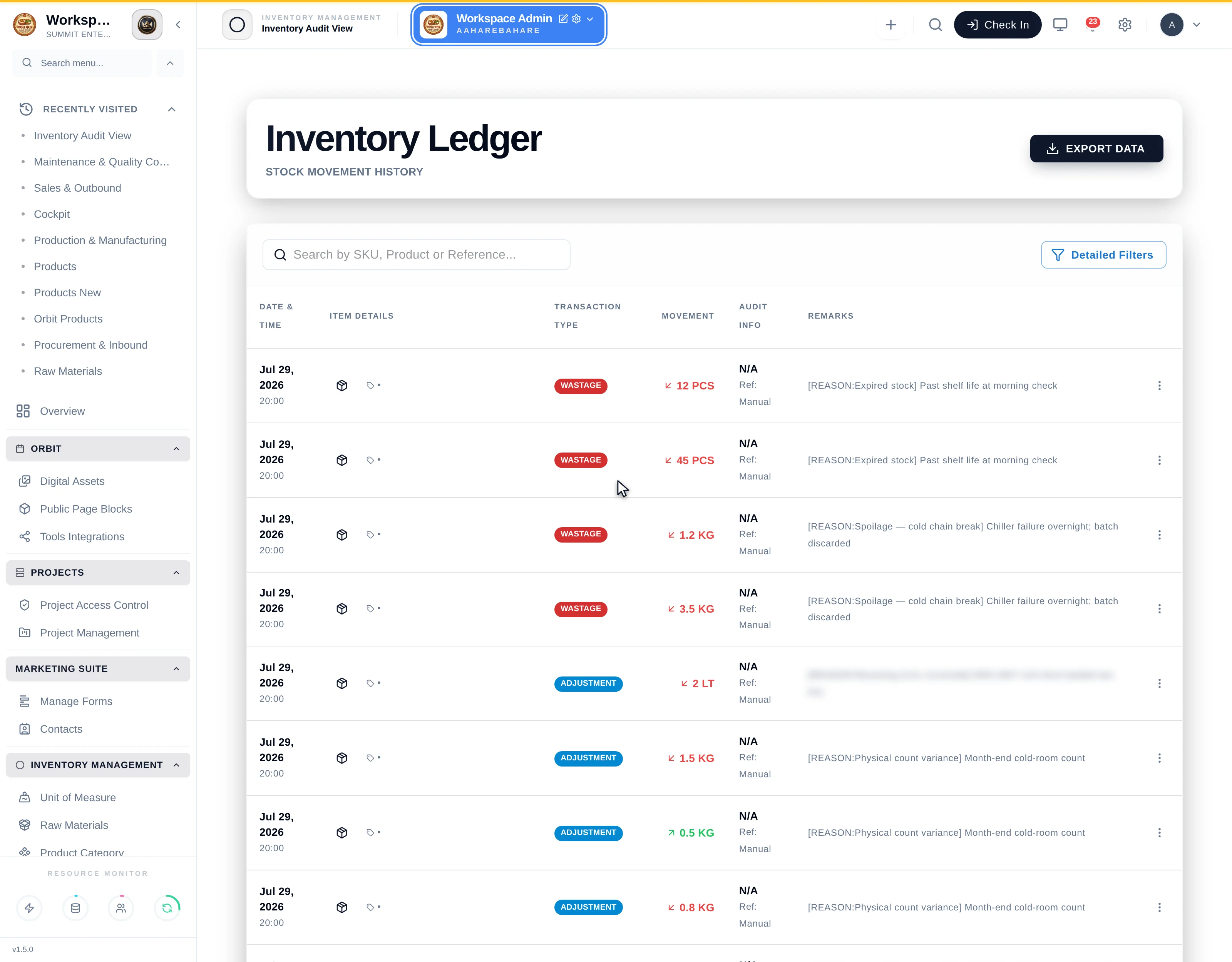 The Detailed Filters panel expanded over the ledger, offering transaction type, date range and item type filters
