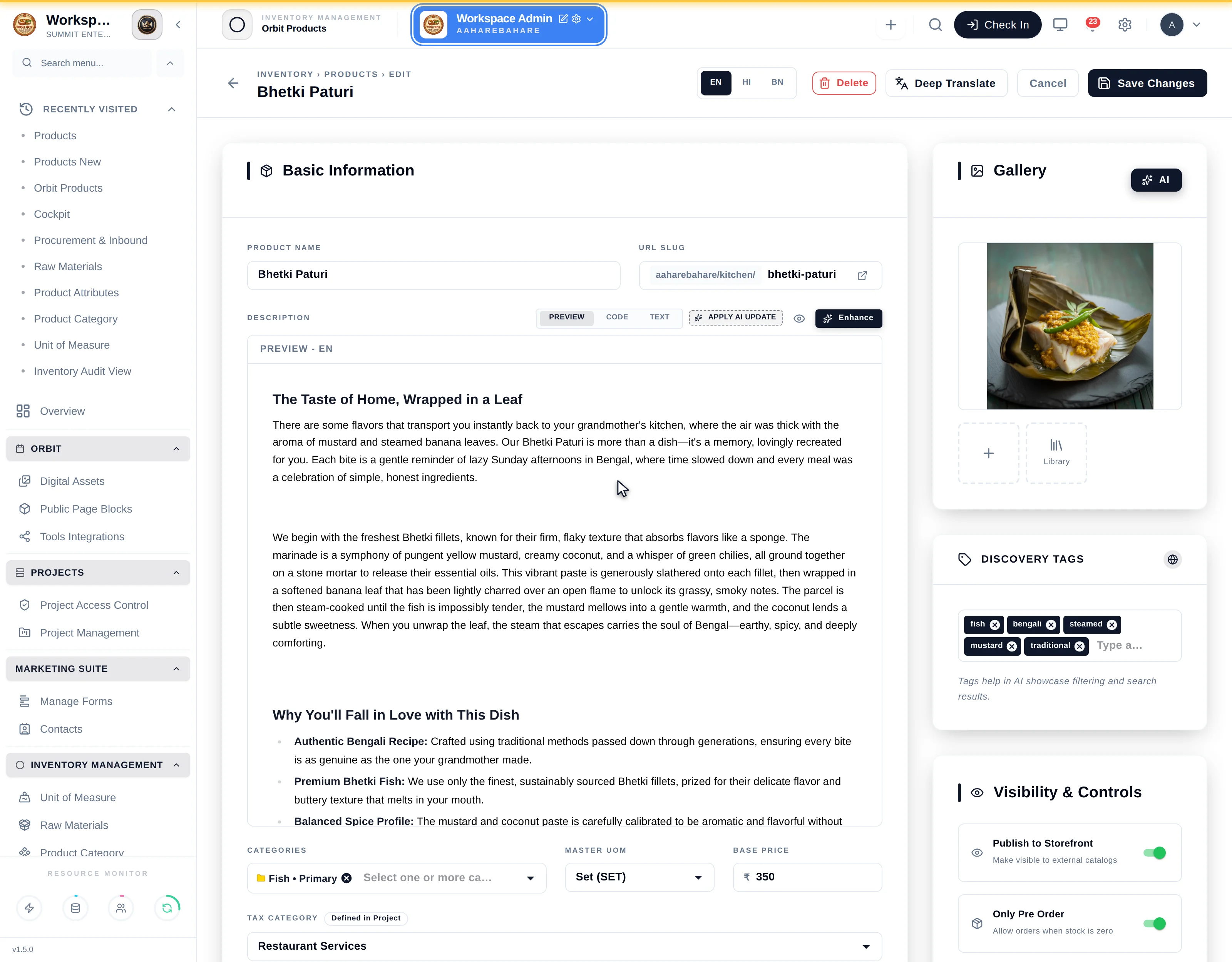 The product editor for Bhetki Paturi, showing the breadcrumb INVENTORY > PRODUCTS > EDIT, the EN / HI / BN language tabs, and Delete, Deep Translate, Cancel and Save Changes in the header