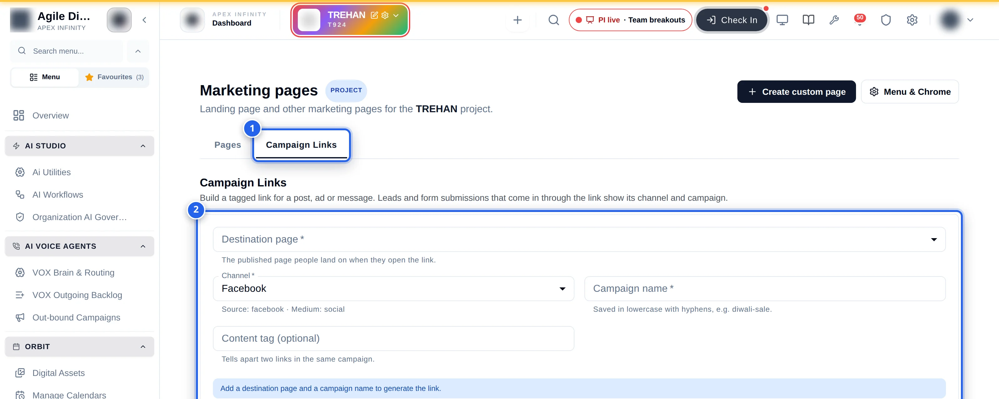 The Marketing pages screen with two tabs, Pages and Campaign Links. The Campaign Links tab is marked 1 and the builder card below it, holding the Destination page, Channel, Campaign name and Content tag fields, is marked 2