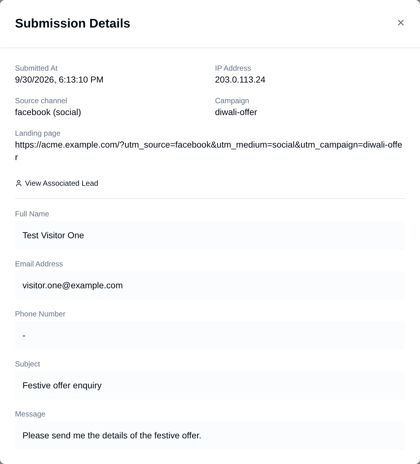 The Submission Details window showing Submitted At, IP Address, Source channel facebook (social), Campaign diwali-offer, a Landing page address carrying the tags, a View Associated Lead link, and the form's answers
