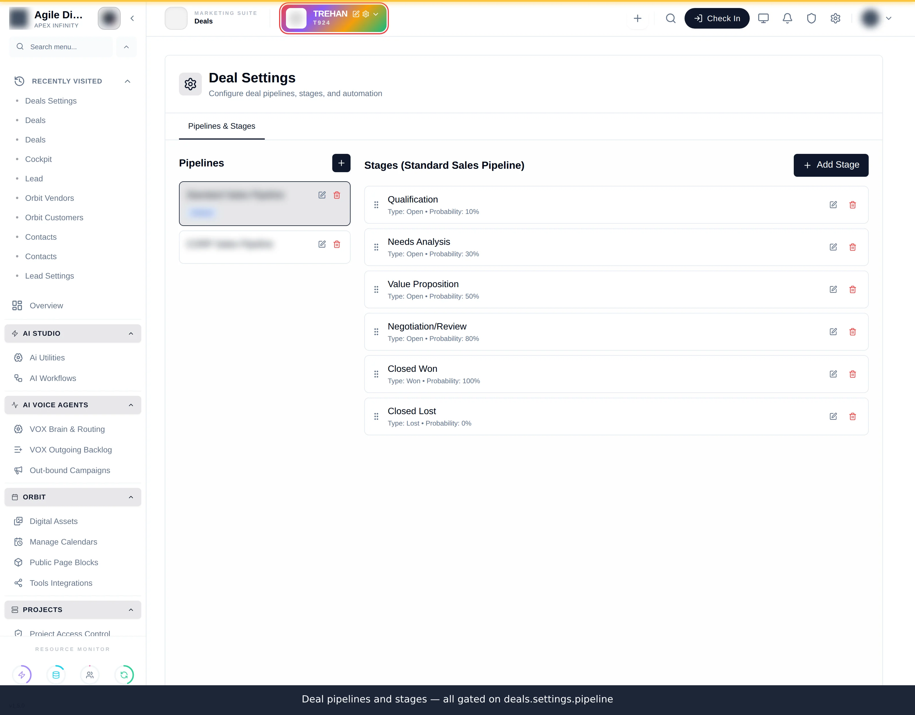 The deal settings screen listing deal pipelines with their stage counts