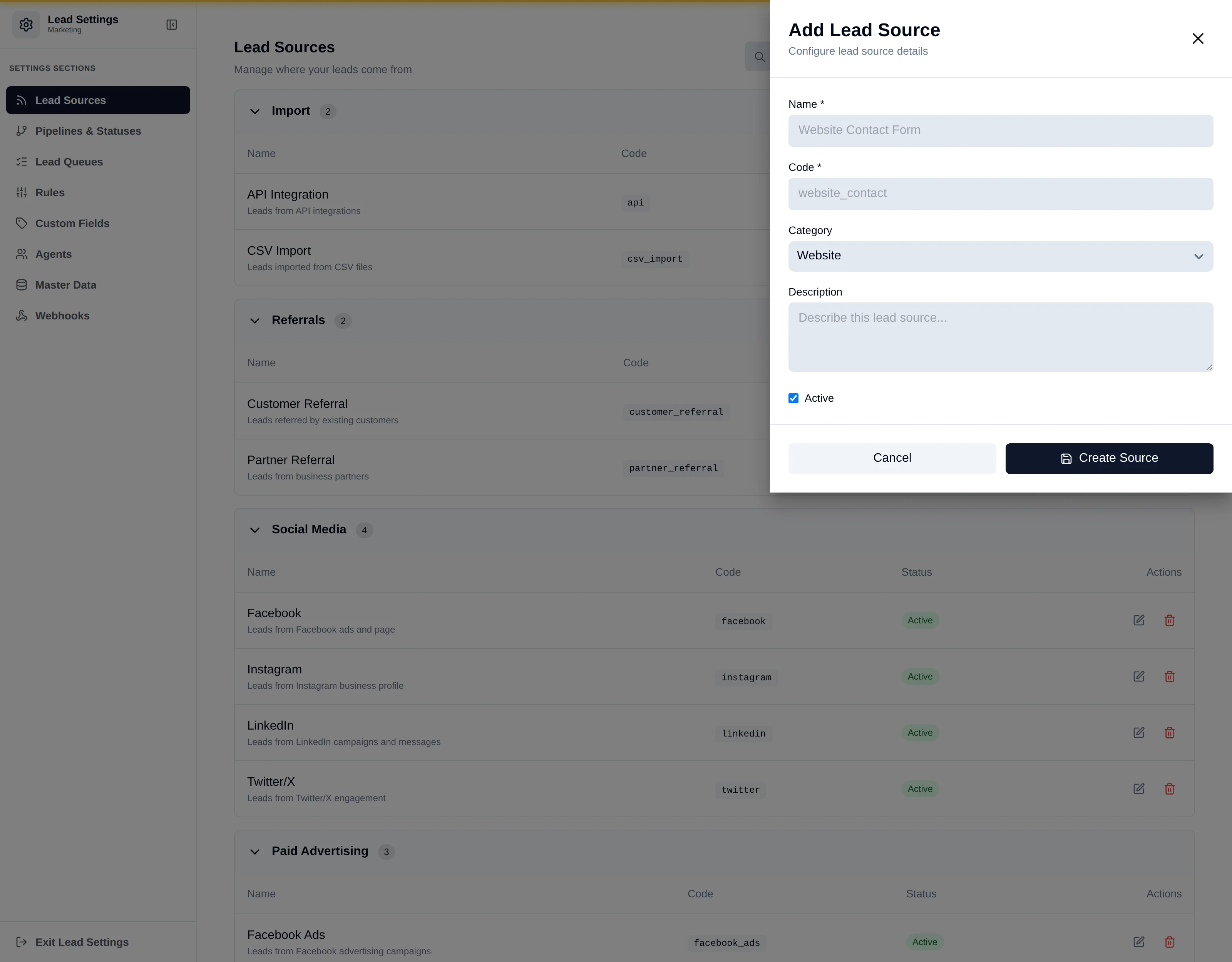 The Add Source drawer with fields for name, code, description, category and status