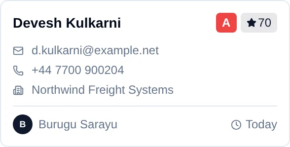 A single lead card showing the lead name, company, contact details and a value figure