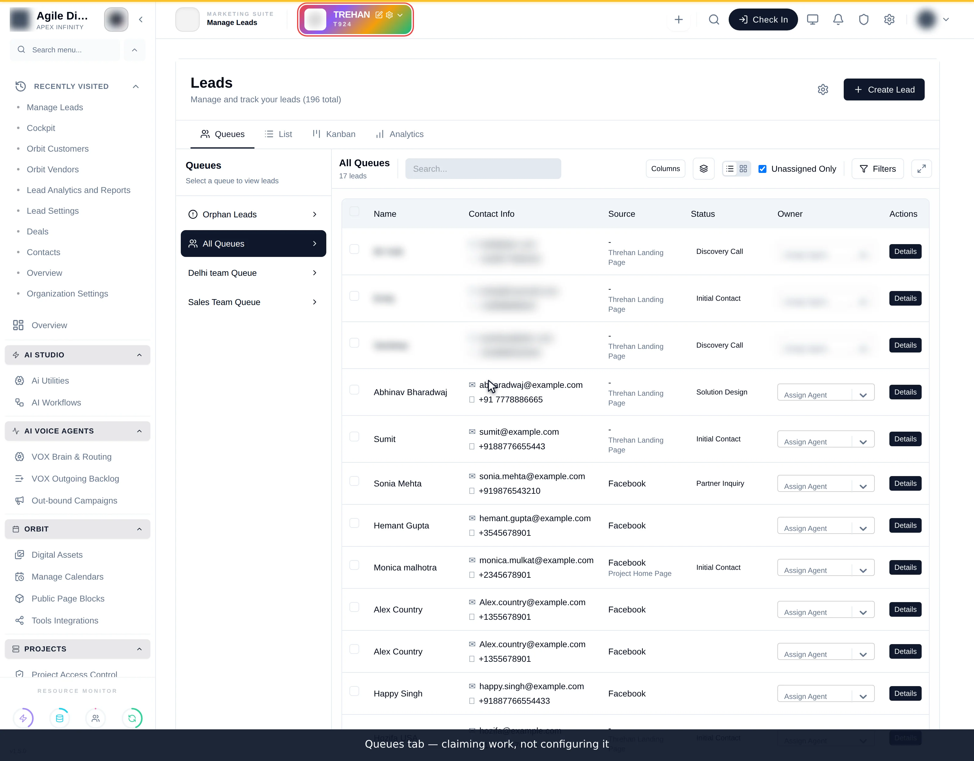 The Queues tab showing an All Queues selector and a table of queued leads with name, contact info, source, status and owner columns