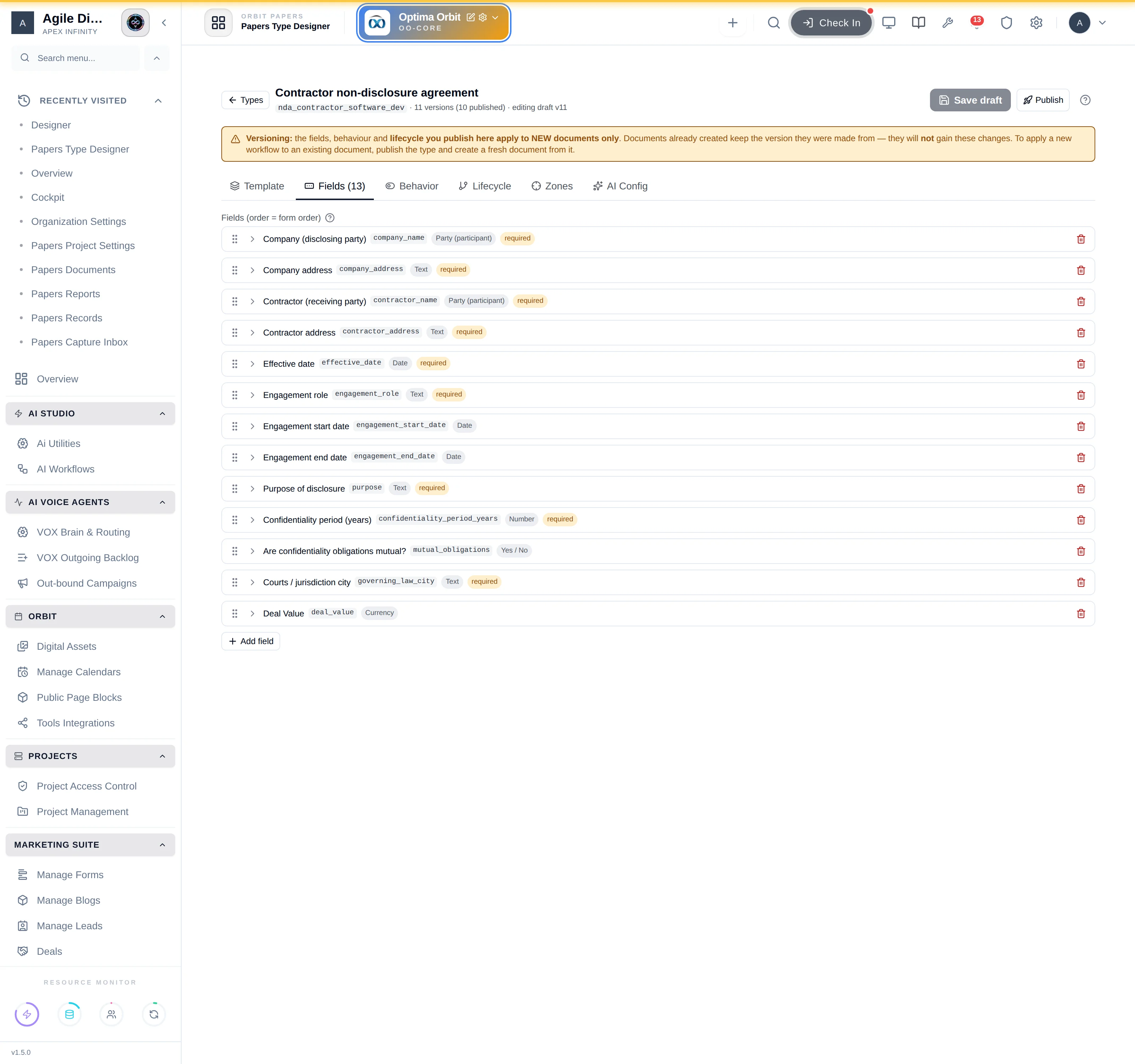 The Fields tab listing each field with its code, datatype and required flag