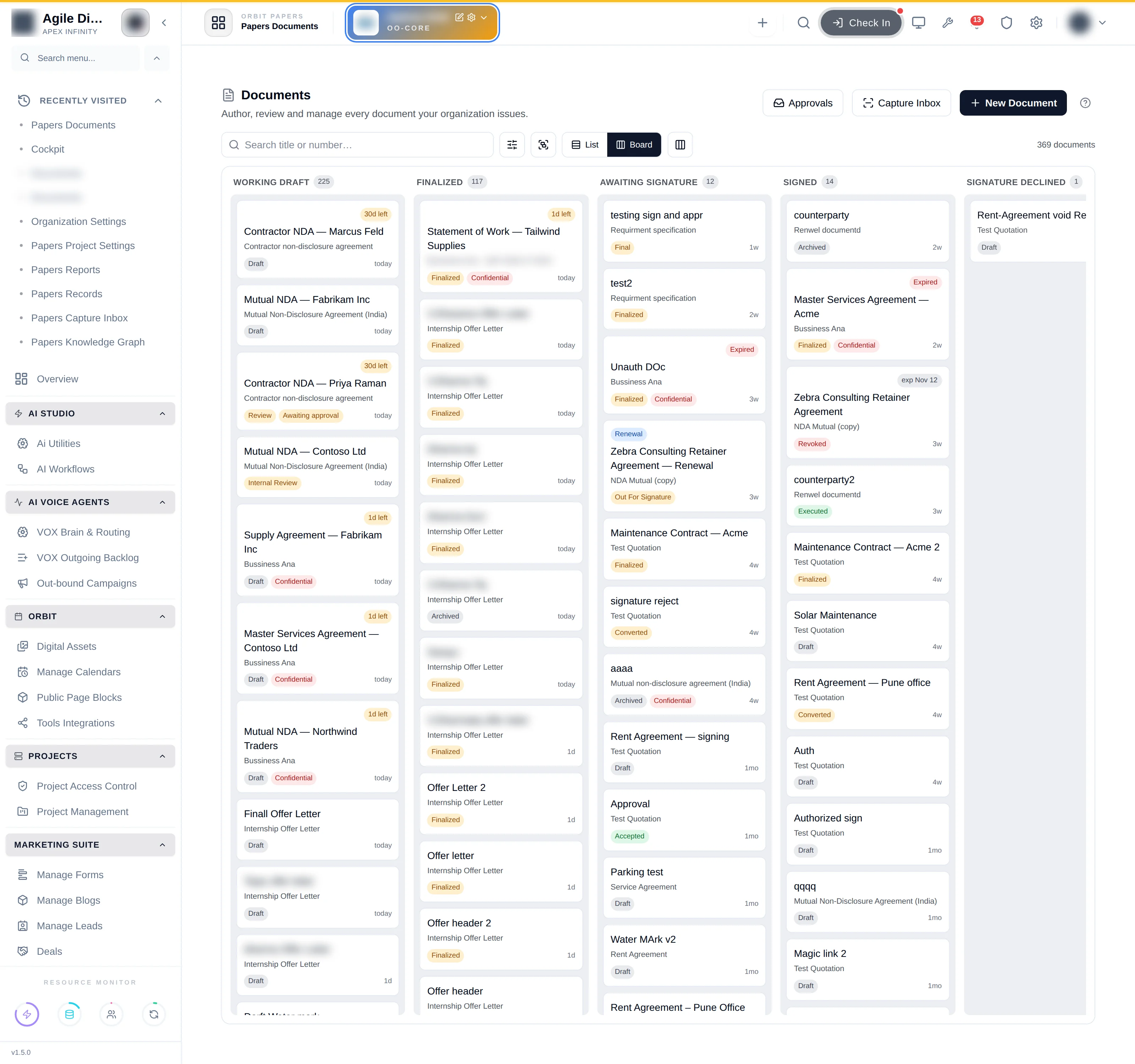 The Kanban board with columns for working draft, finalized, awaiting signature, signed and signature declined