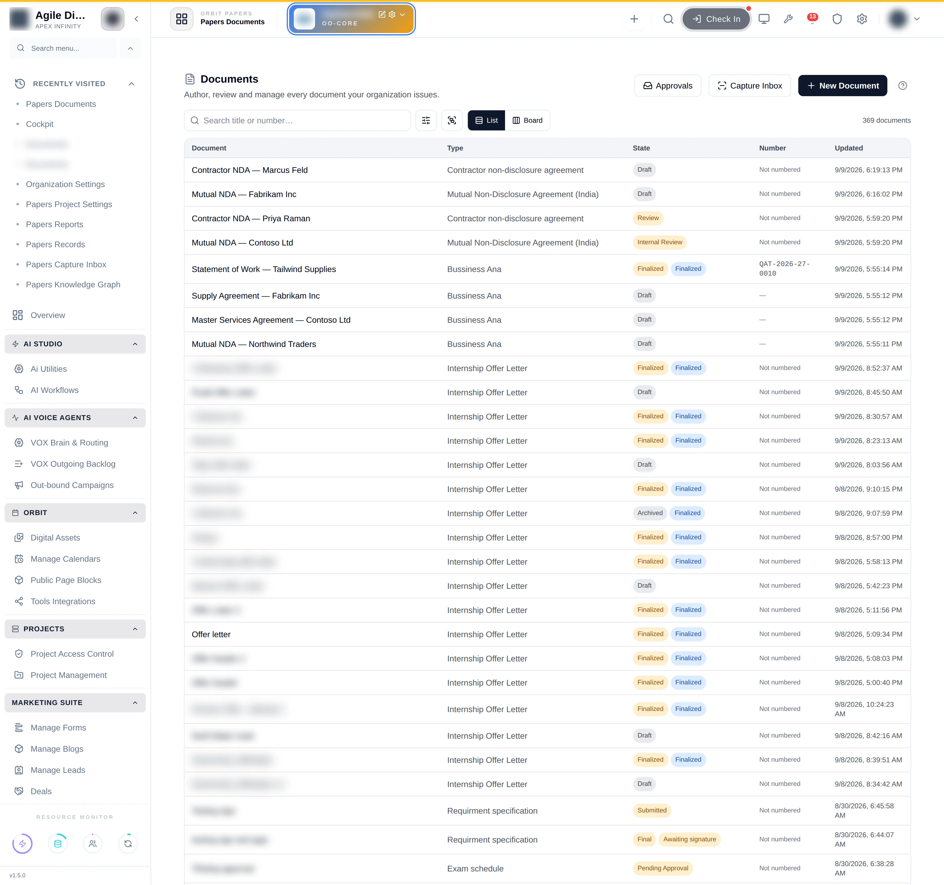 The documents list with columns for document, type, state, number and updated date