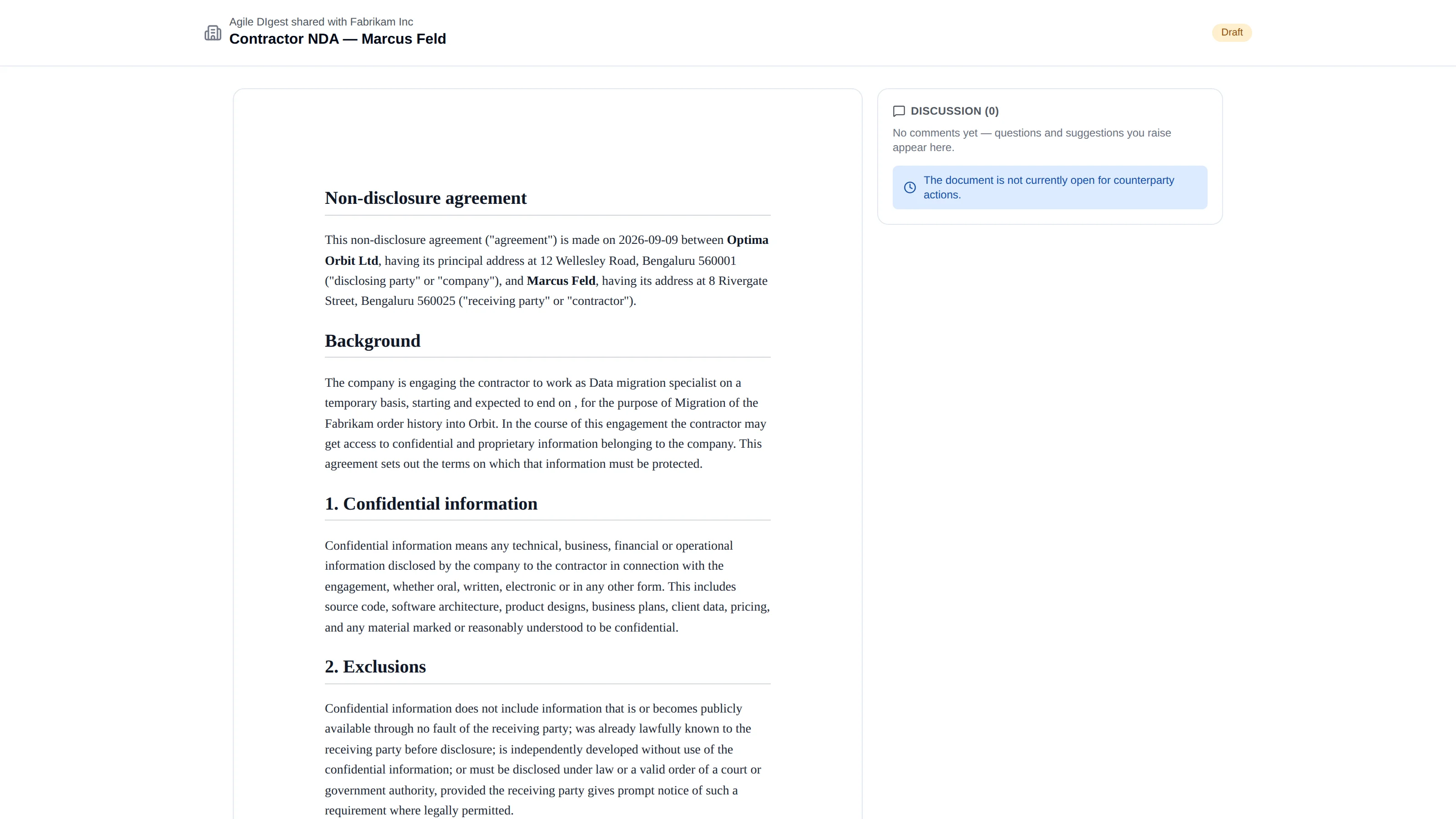 The counterparty deal room: the document on the left, a discussion panel on the right