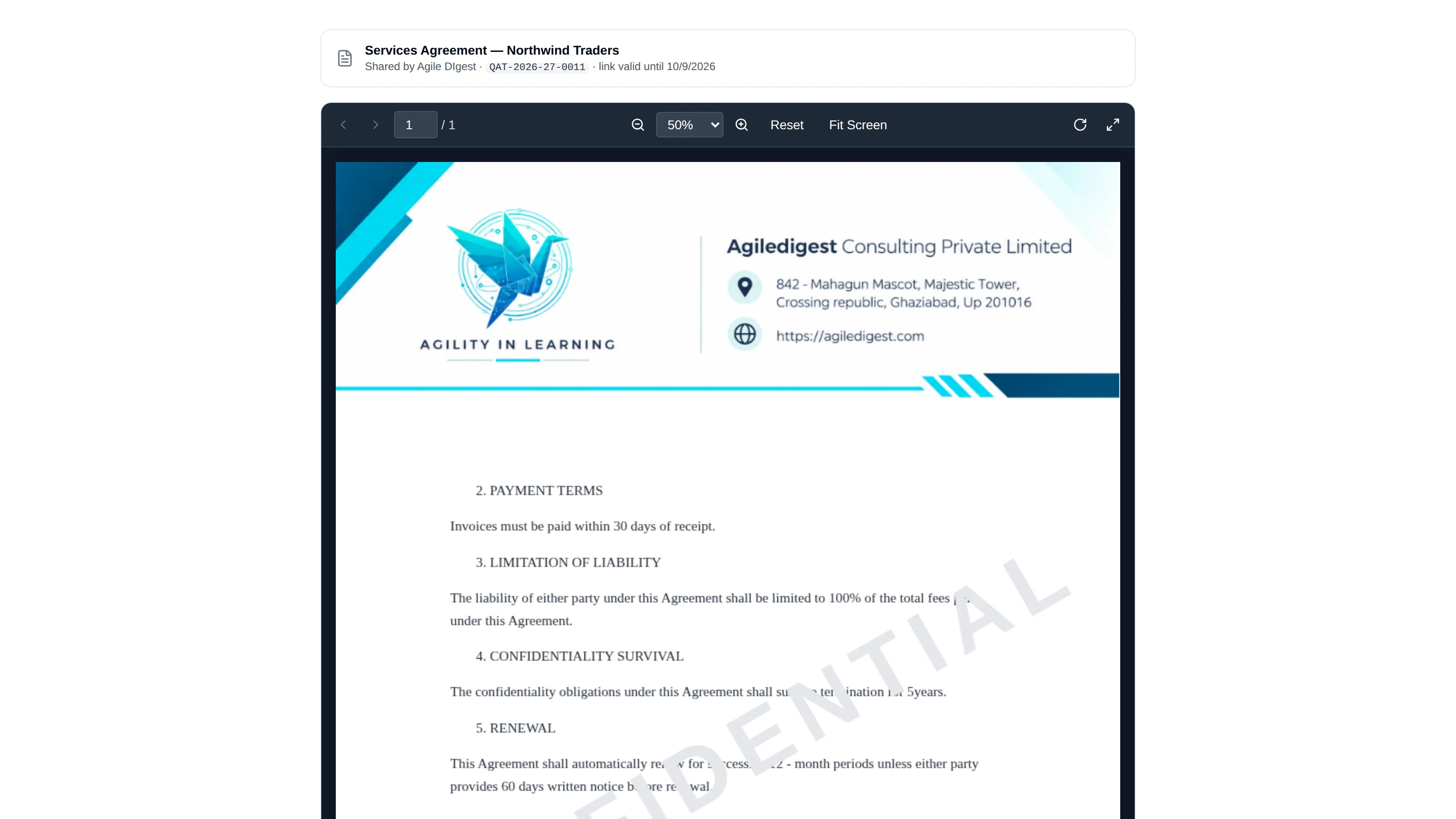 A shared document as its recipient sees it: header naming the sender and expiry, and the sealed PDF below