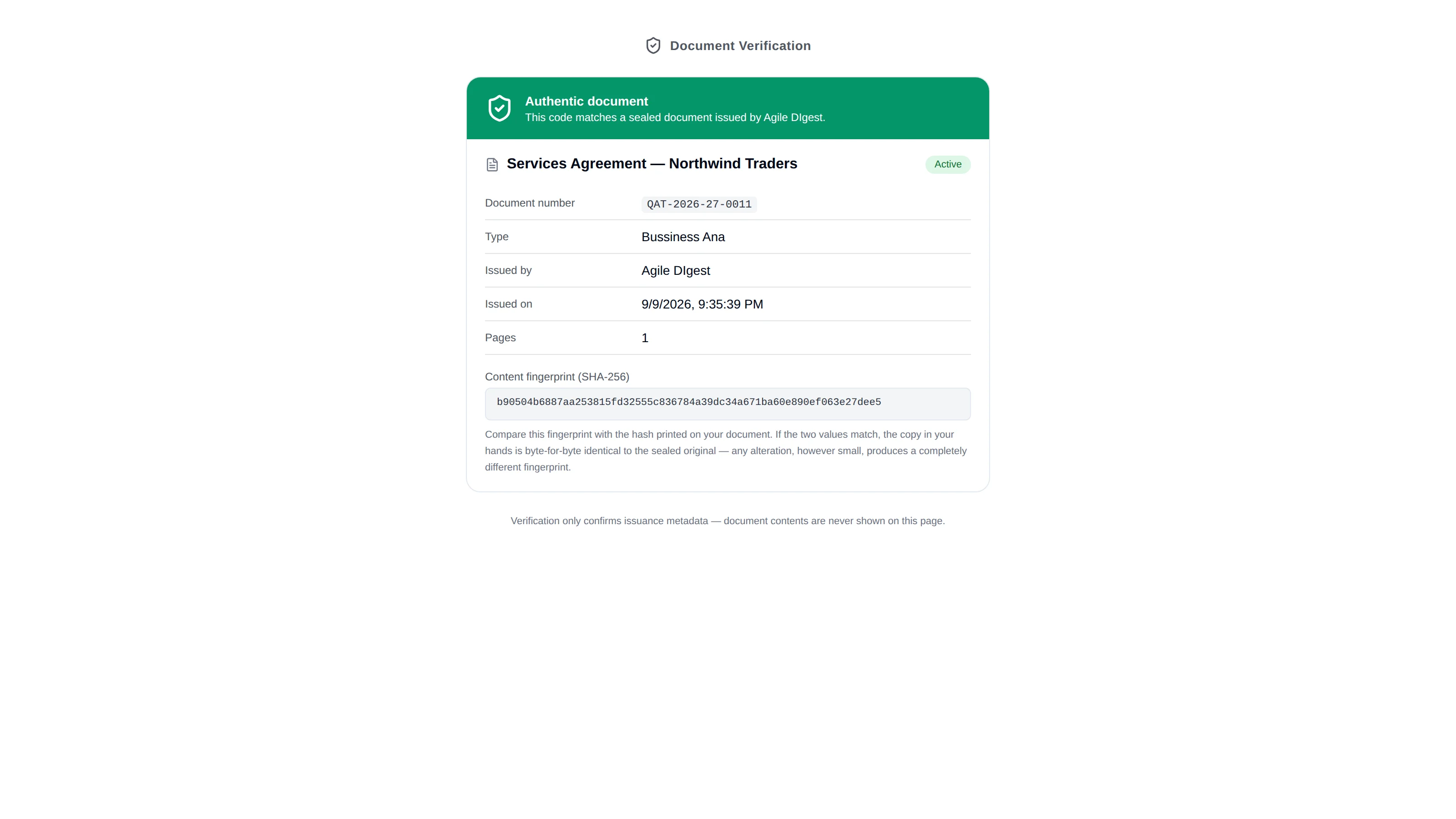 The verification page confirming an authentic document, with its number, type, issuer, date and content fingerprint