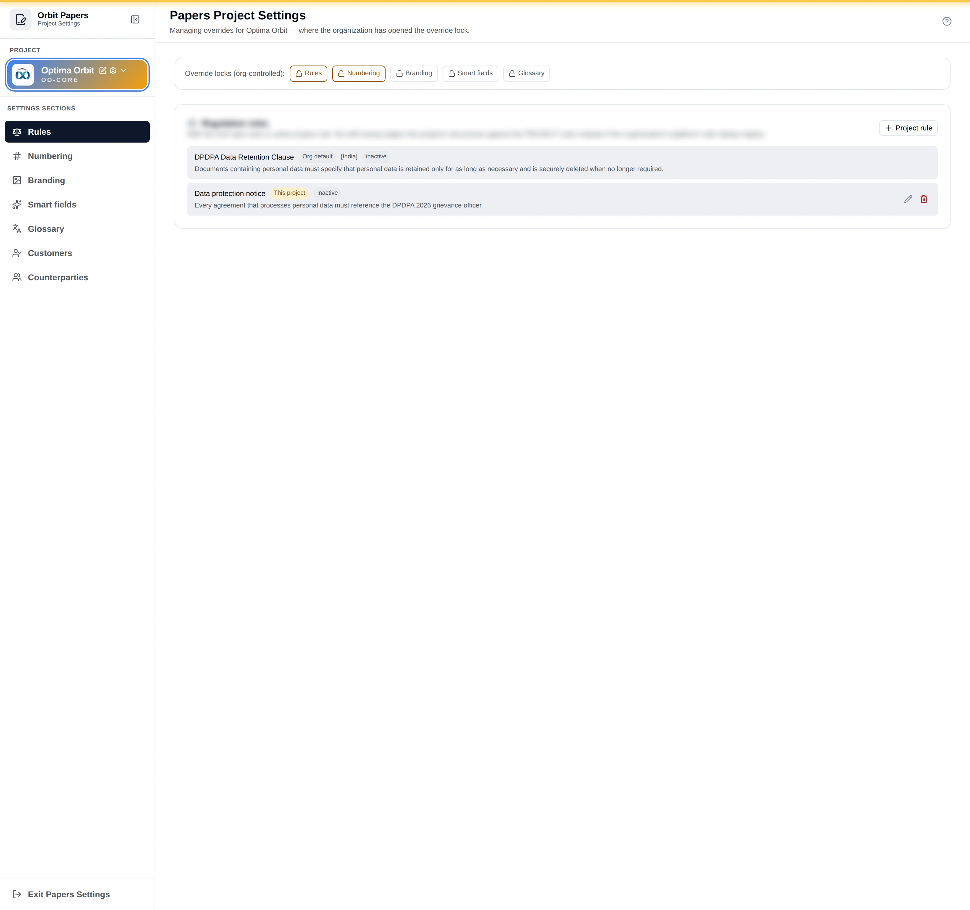 The Papers Project Settings hub, with Counterparties in its section rail