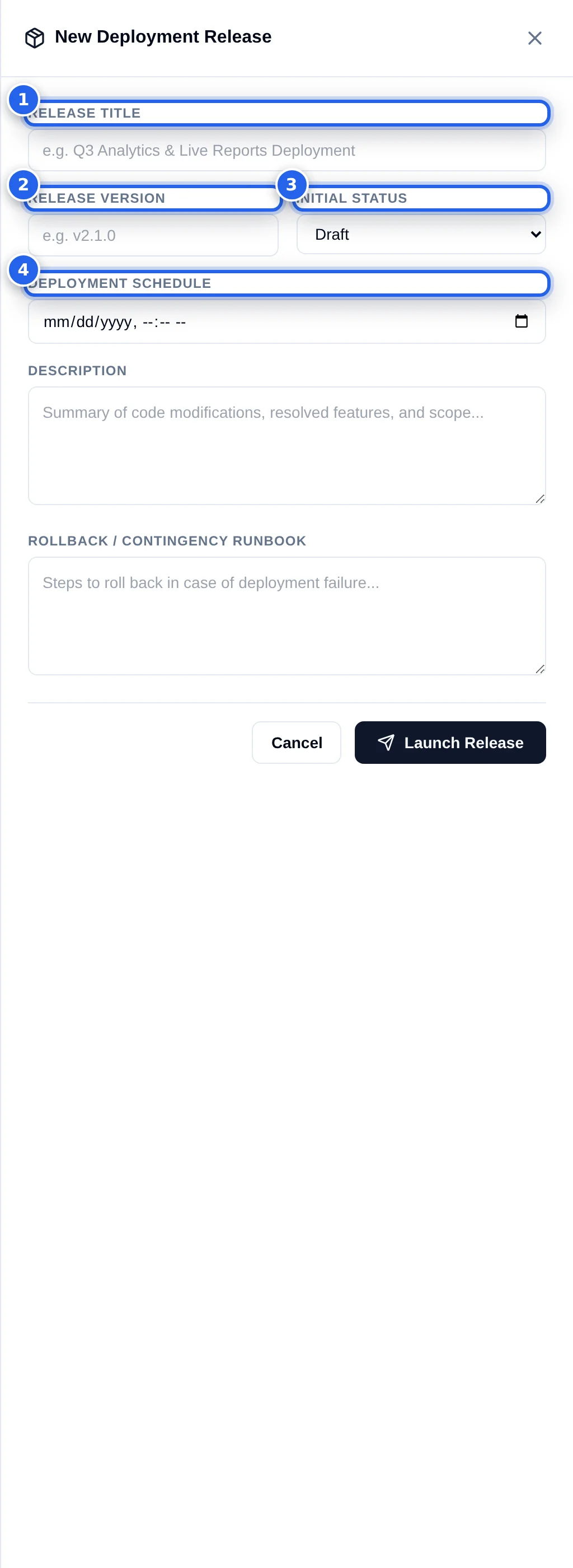 The New Deployment Release drawer with release title, version, initial status and deployment schedule fields numbered