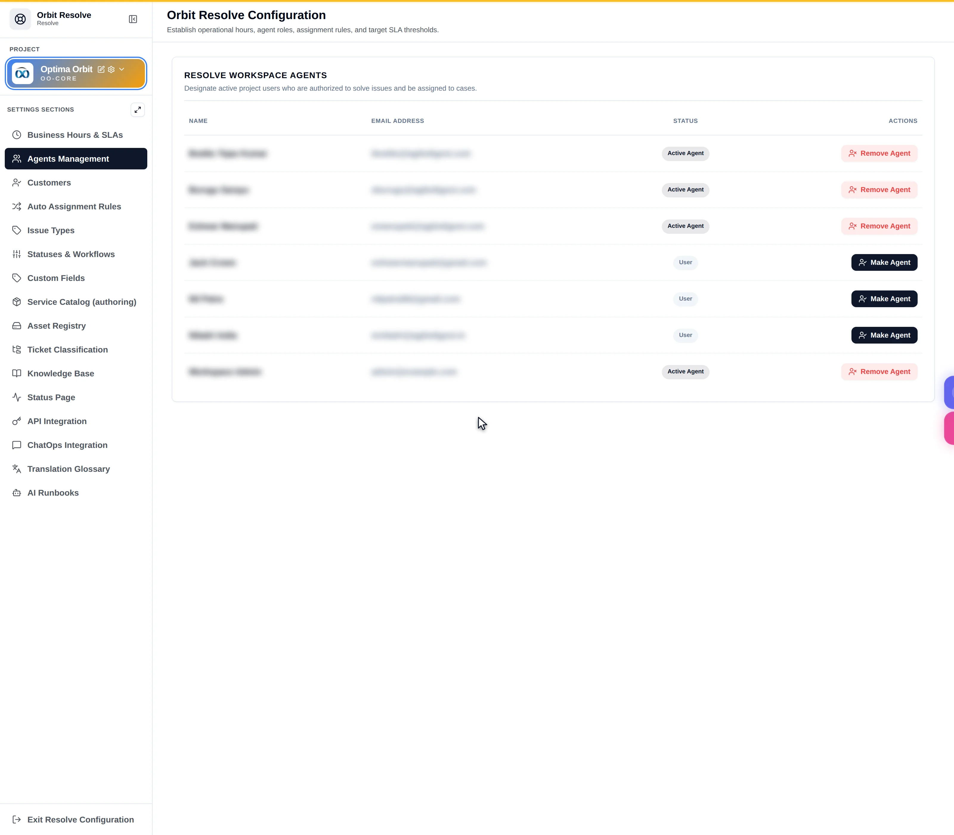 The Resolve Workspace Agents tab listing agents with email address, status and actions