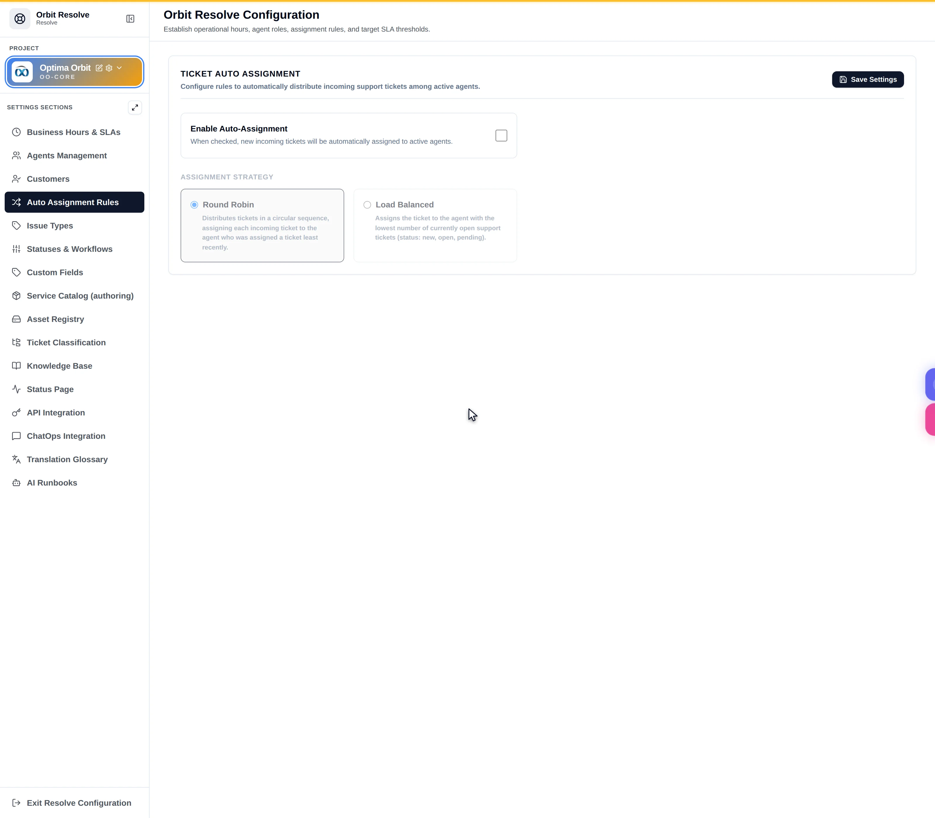 The Ticket Auto Assignment tab with an enable toggle and an assignment strategy selector