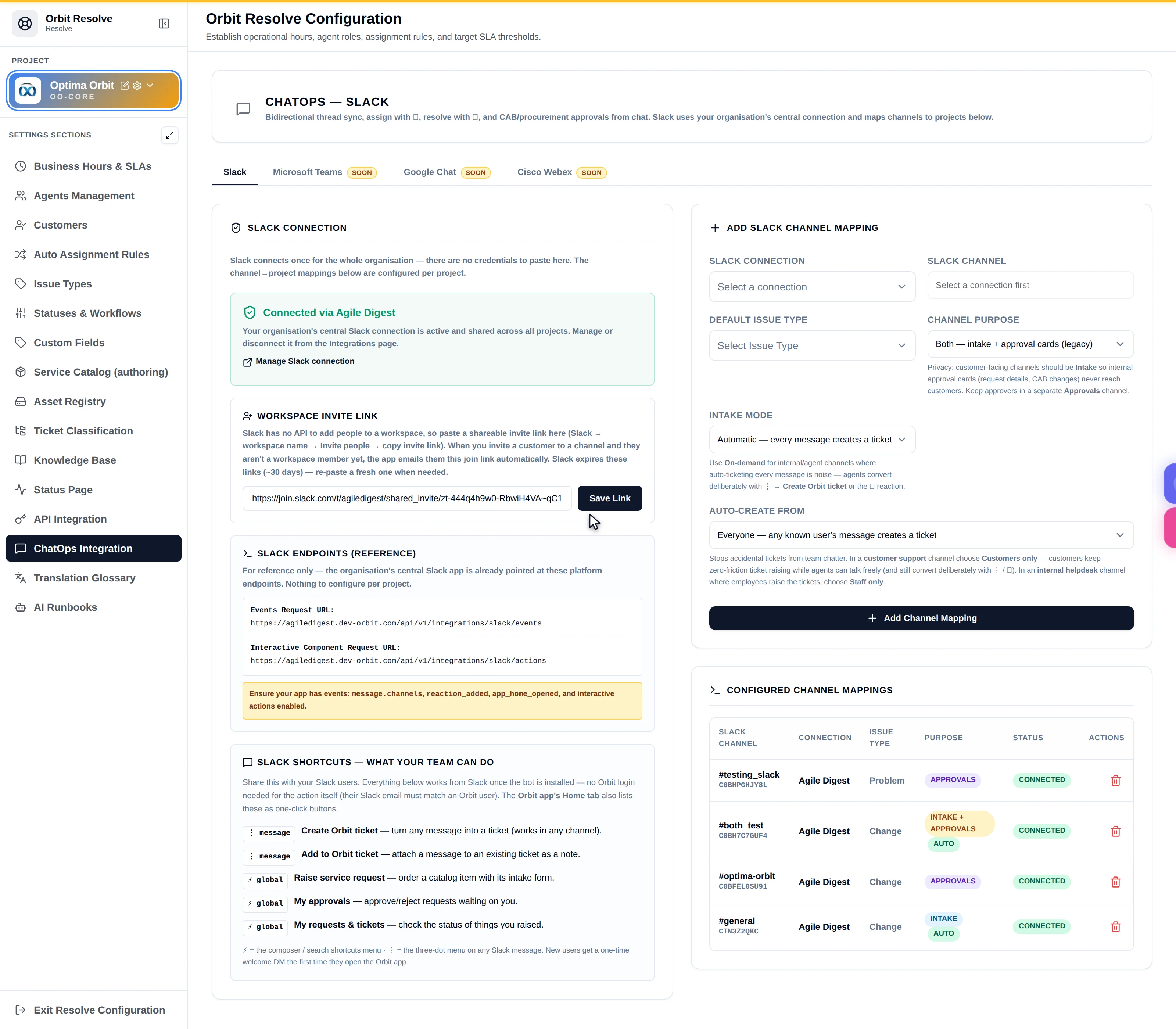 The ChatOps Integration tab showing provider tiles, connection state and per-channel configuration