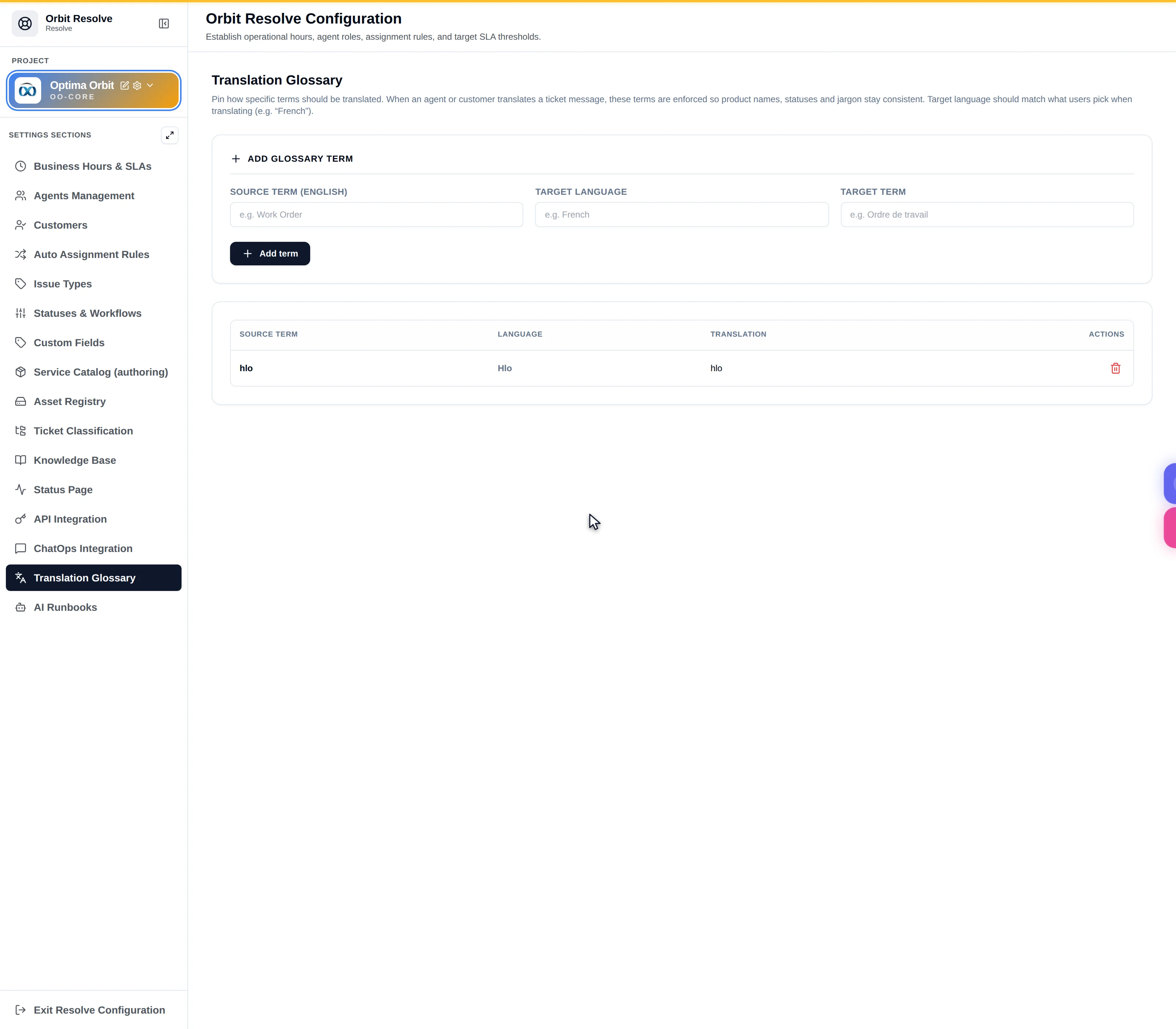 The Translation Glossary tab with an Add Glossary Term form and a table of terms