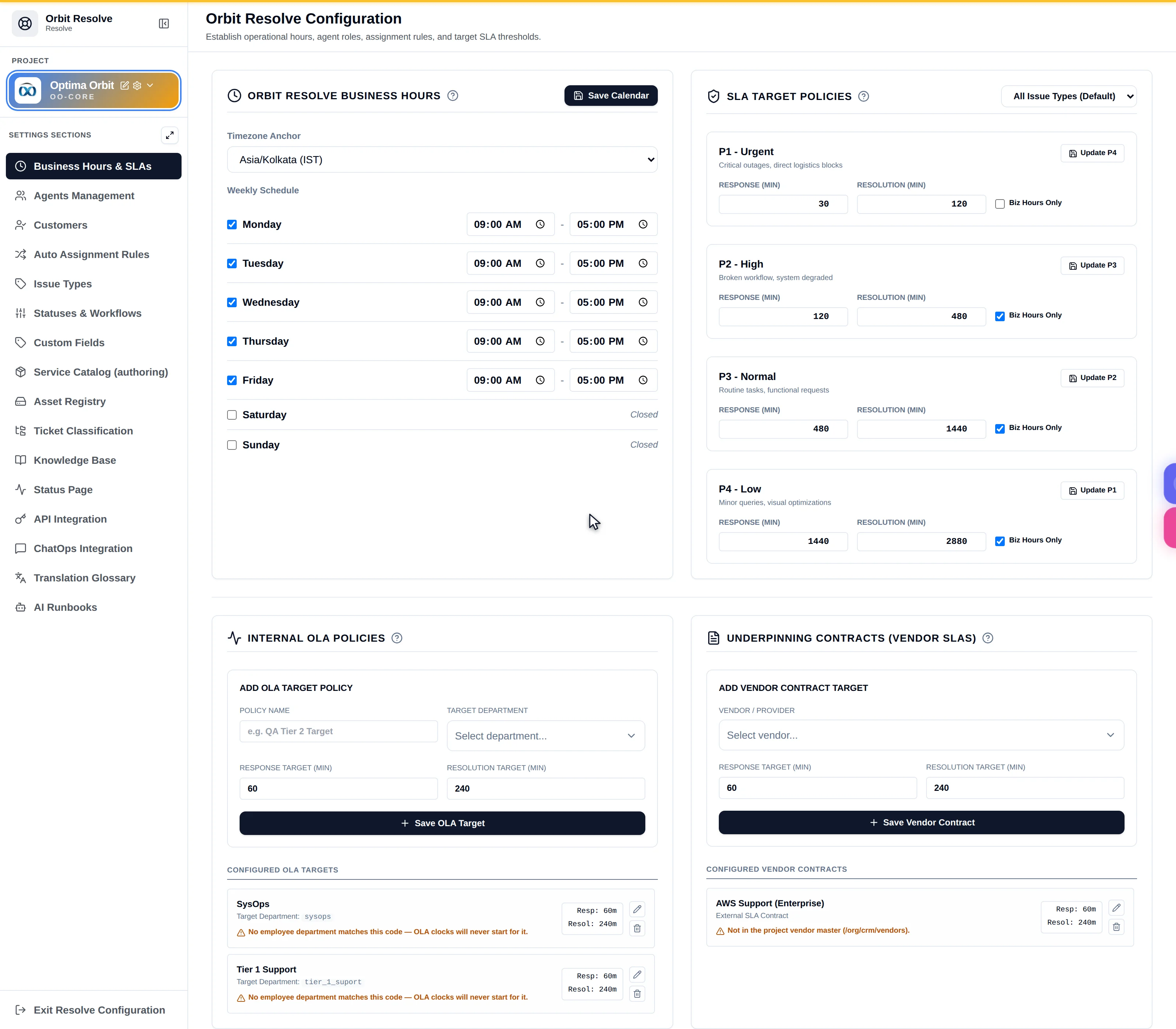 The Business Hours and SLAs tab showing the settings rail, the business hours calendar, SLA target policies per priority, internal OLA policies and underpinning vendor contracts
