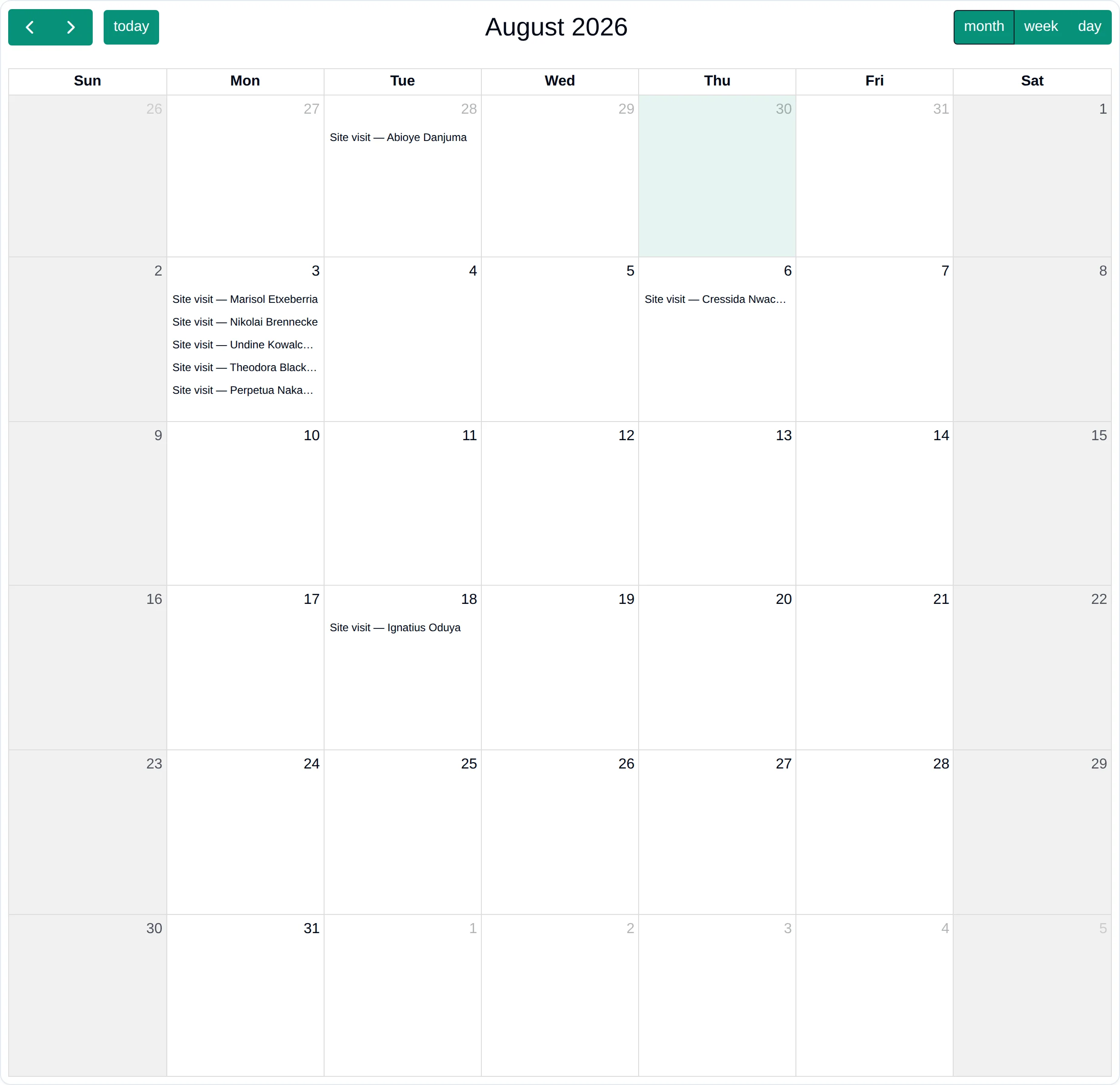 A month grid with events on several days