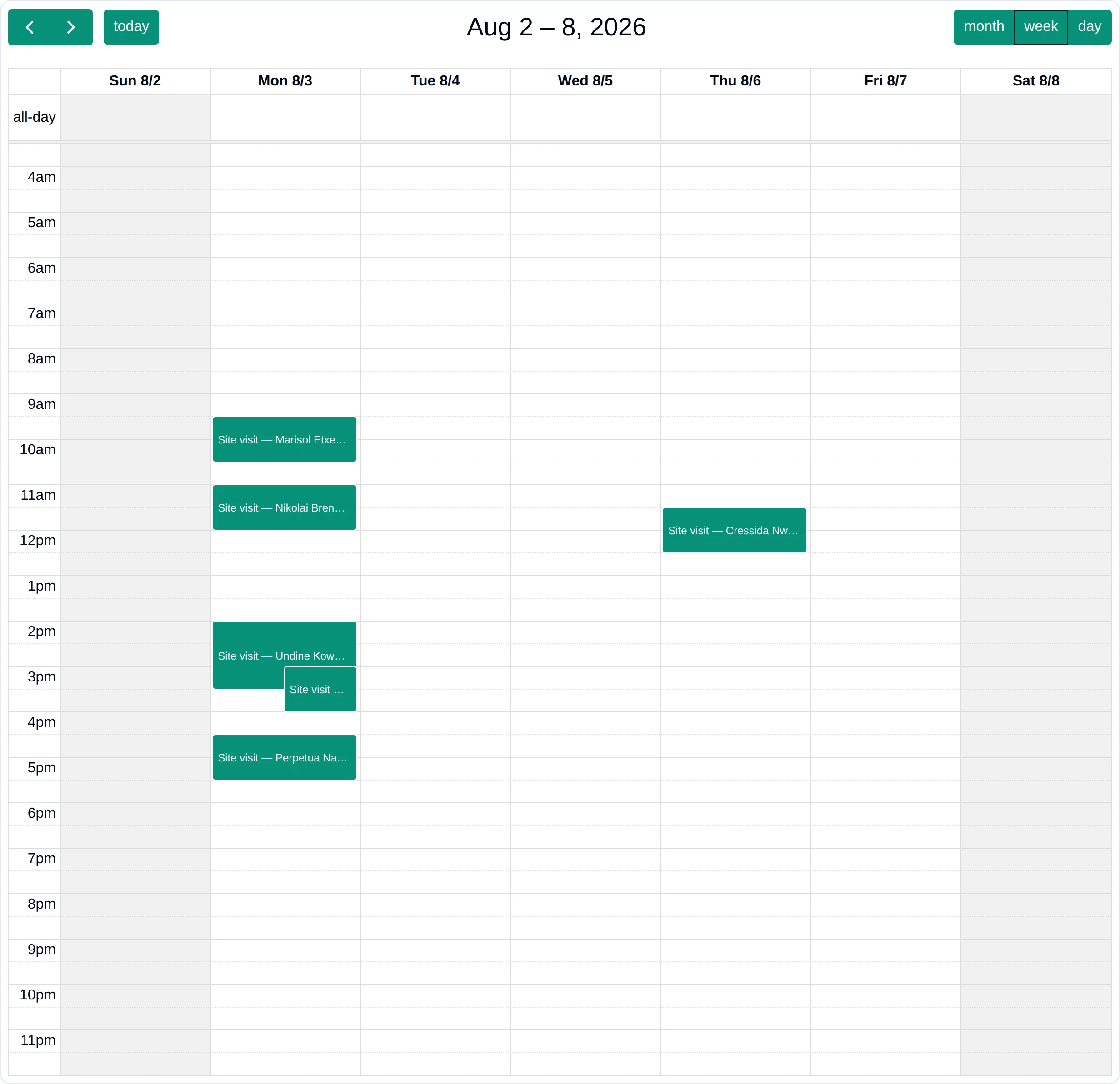 A week view with five site visits on one day, two of them overlapping