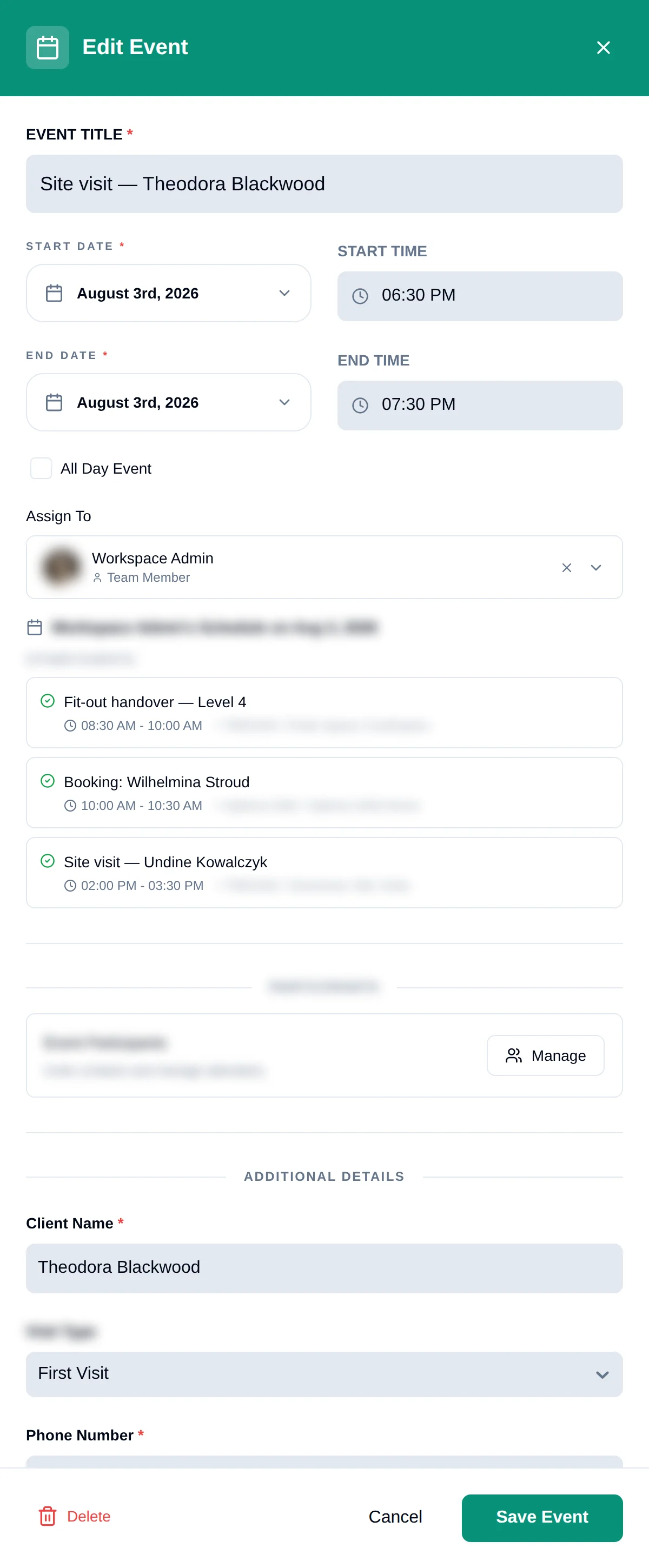 An event form showing the assigned resource's other events for the day
