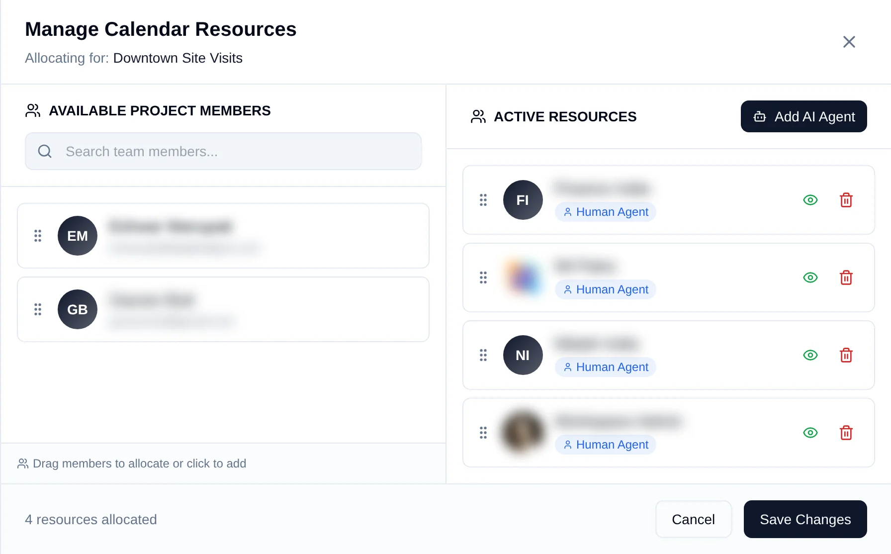 The resources drawer listing team members allocated to a calendar