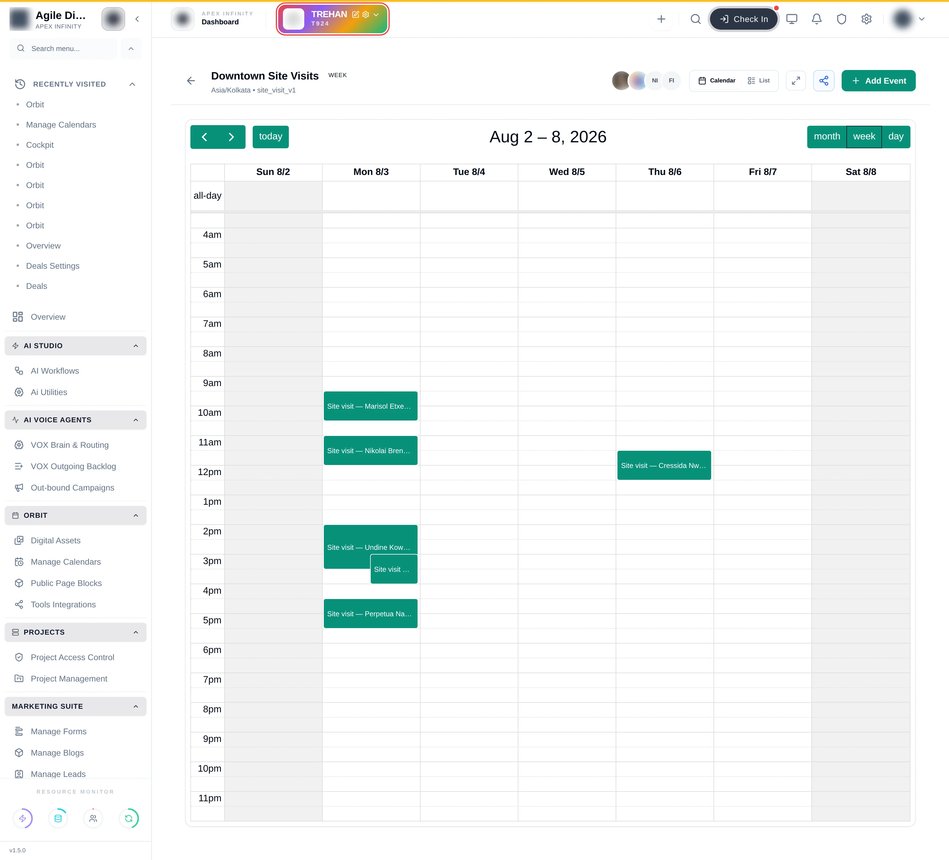 A calendar week view with the resource filter above it