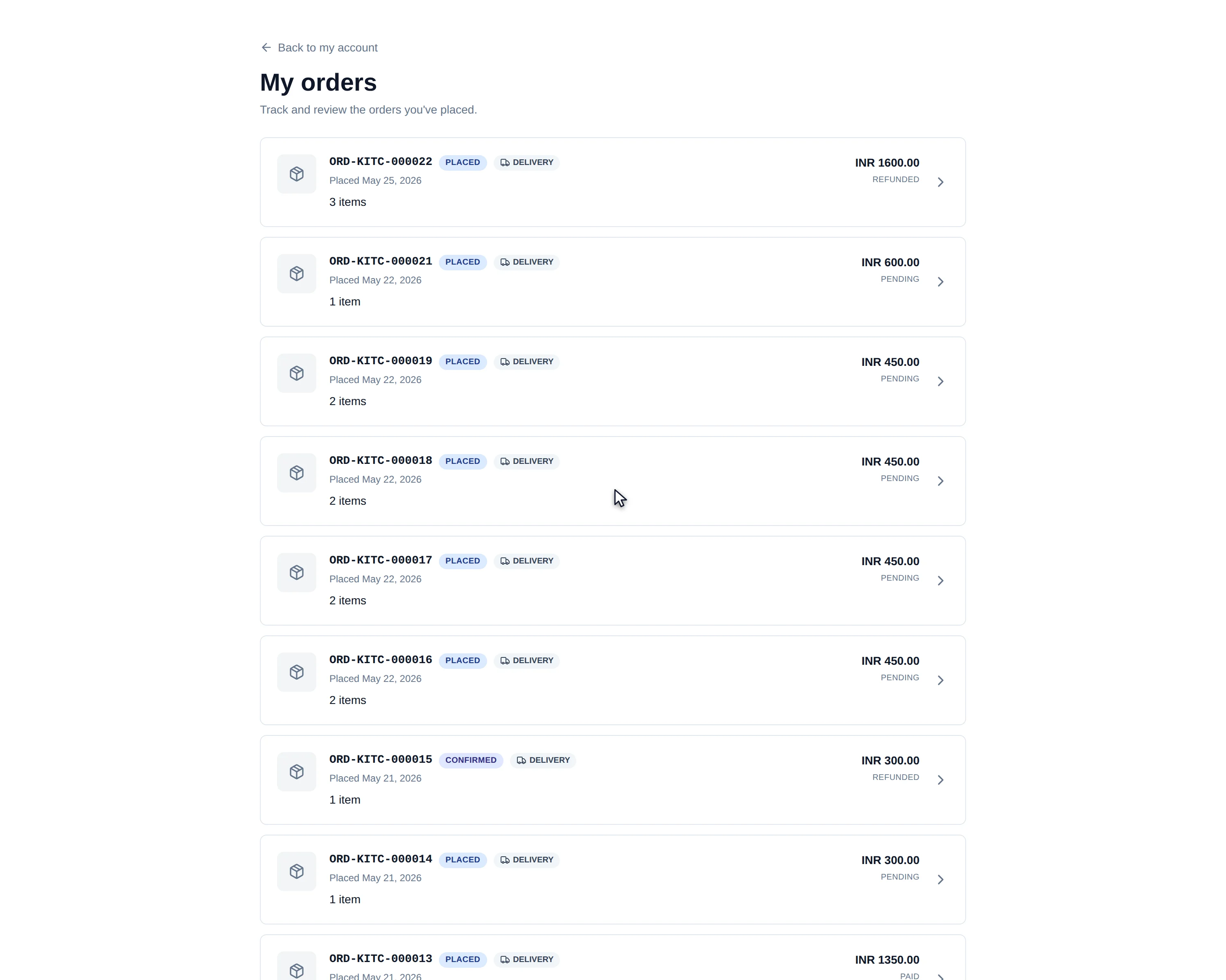 The shopper's my orders list showing order references, statuses, fulfilment method, totals and payment state