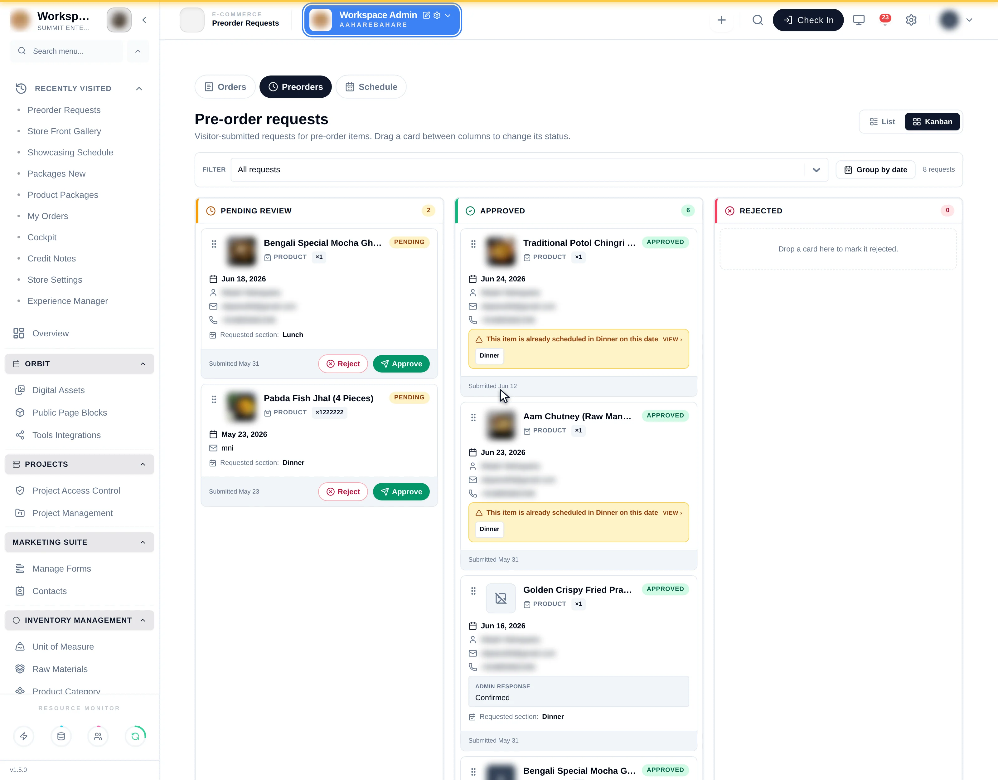 The preorder Kanban with Pending review, Approved and Rejected columns, each card showing the item, requested date, requester and section, with Approve and Reject buttons