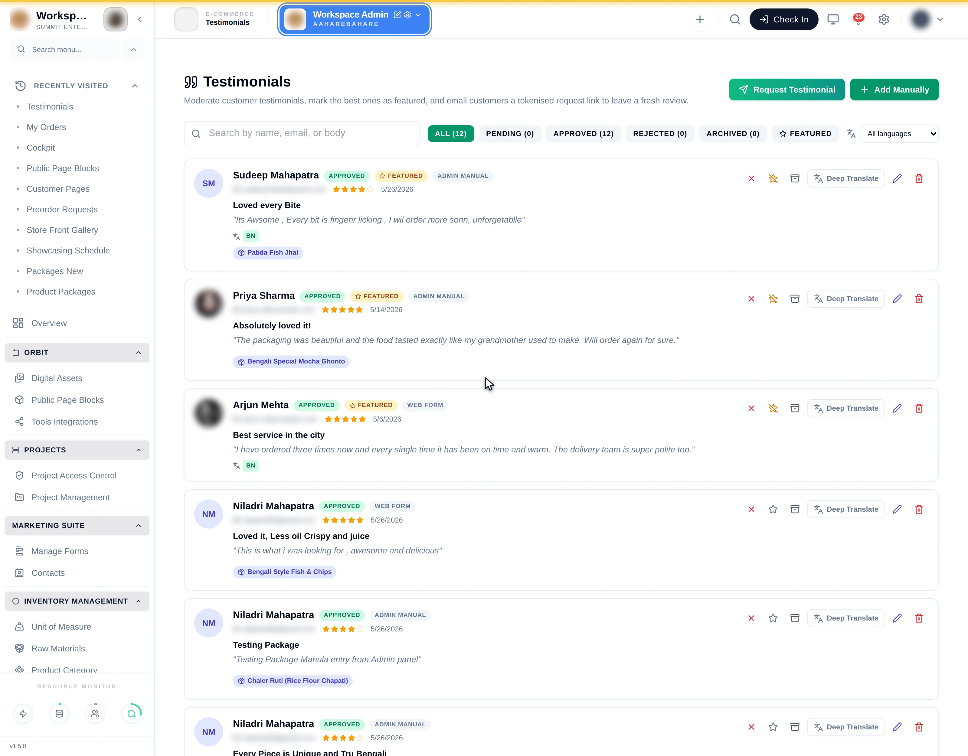 The testimonials list