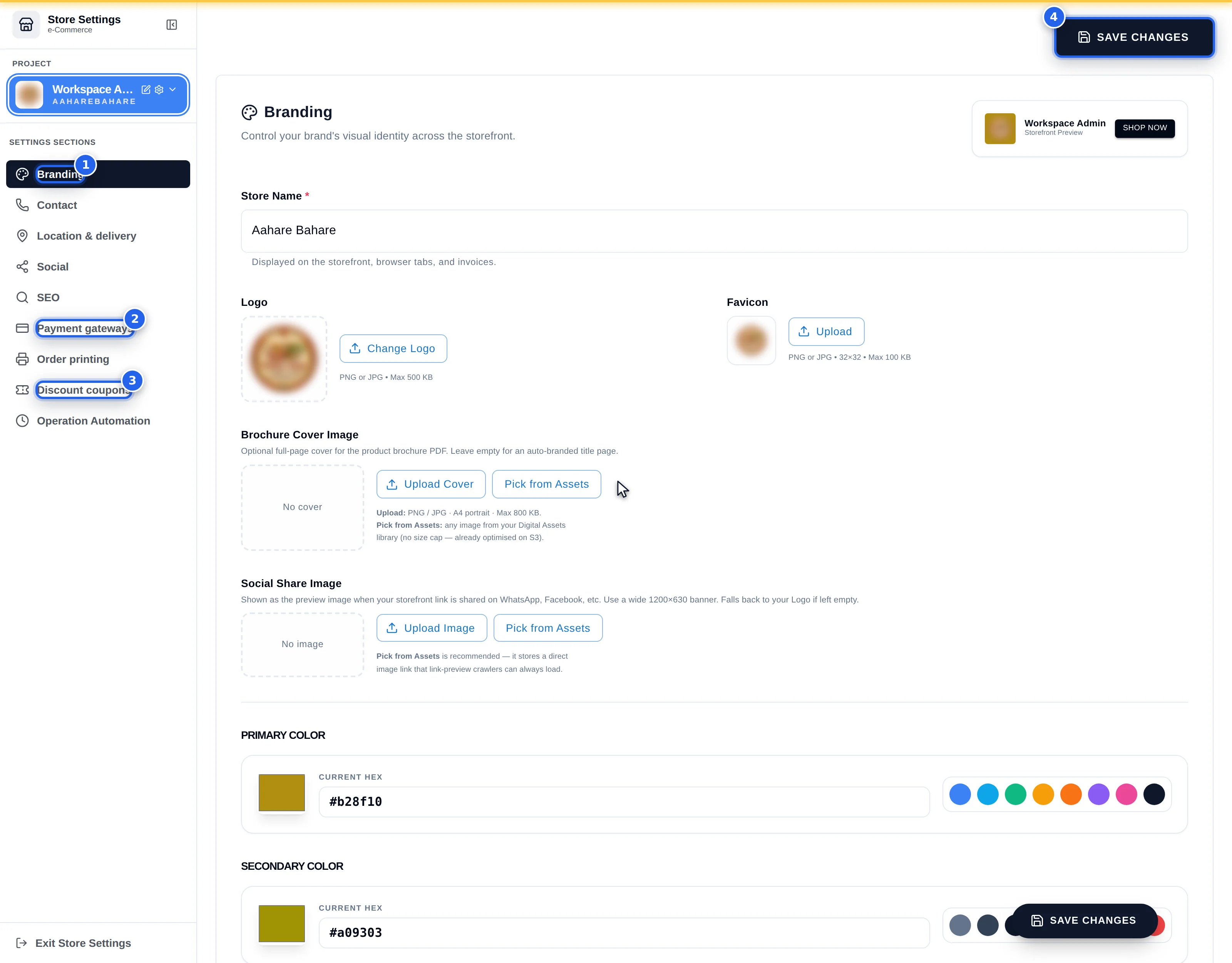 The Store Settings hub with its section rail, the Branding form and the Save Changes button