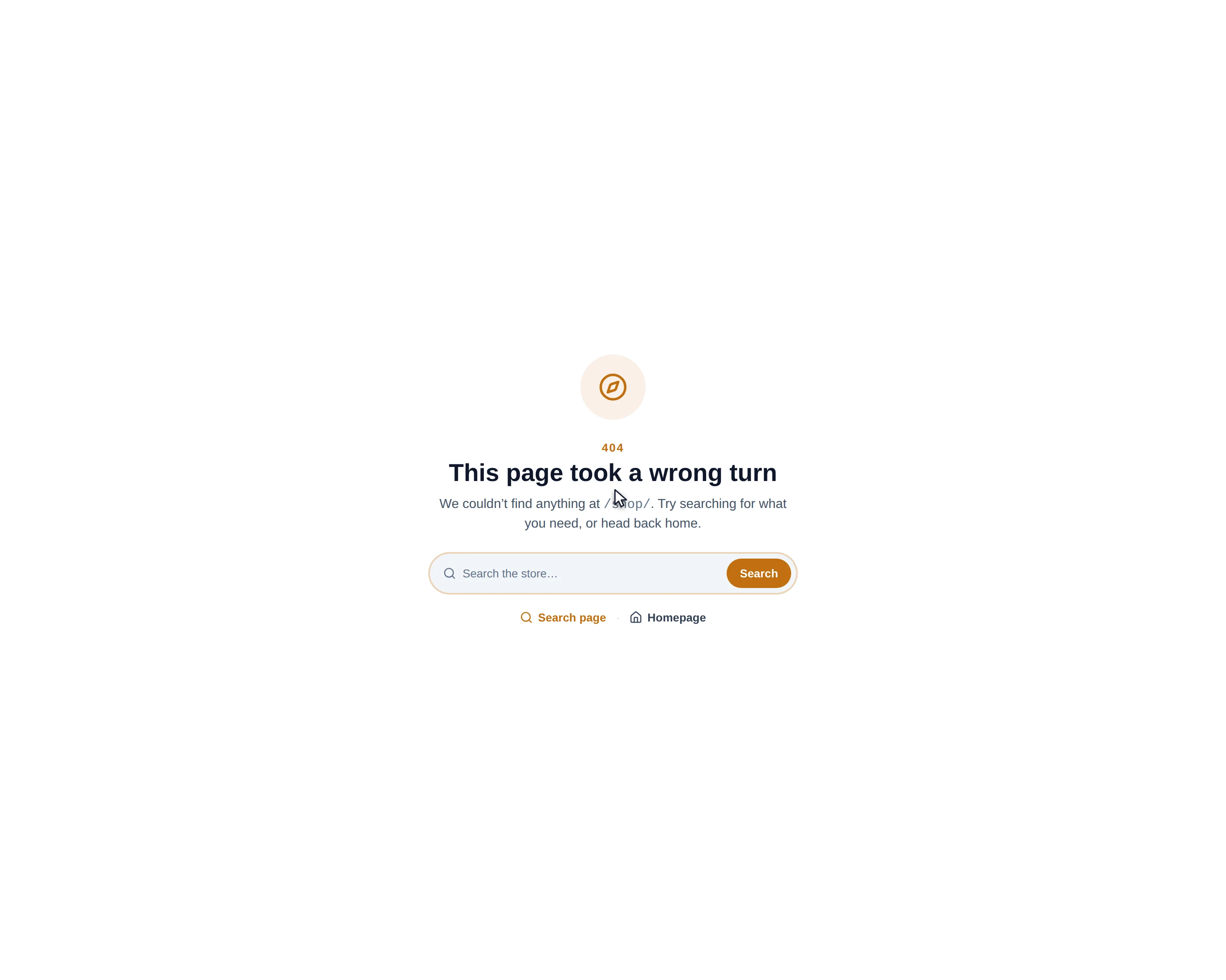 The storefront 404 page reading This page took a wrong turn