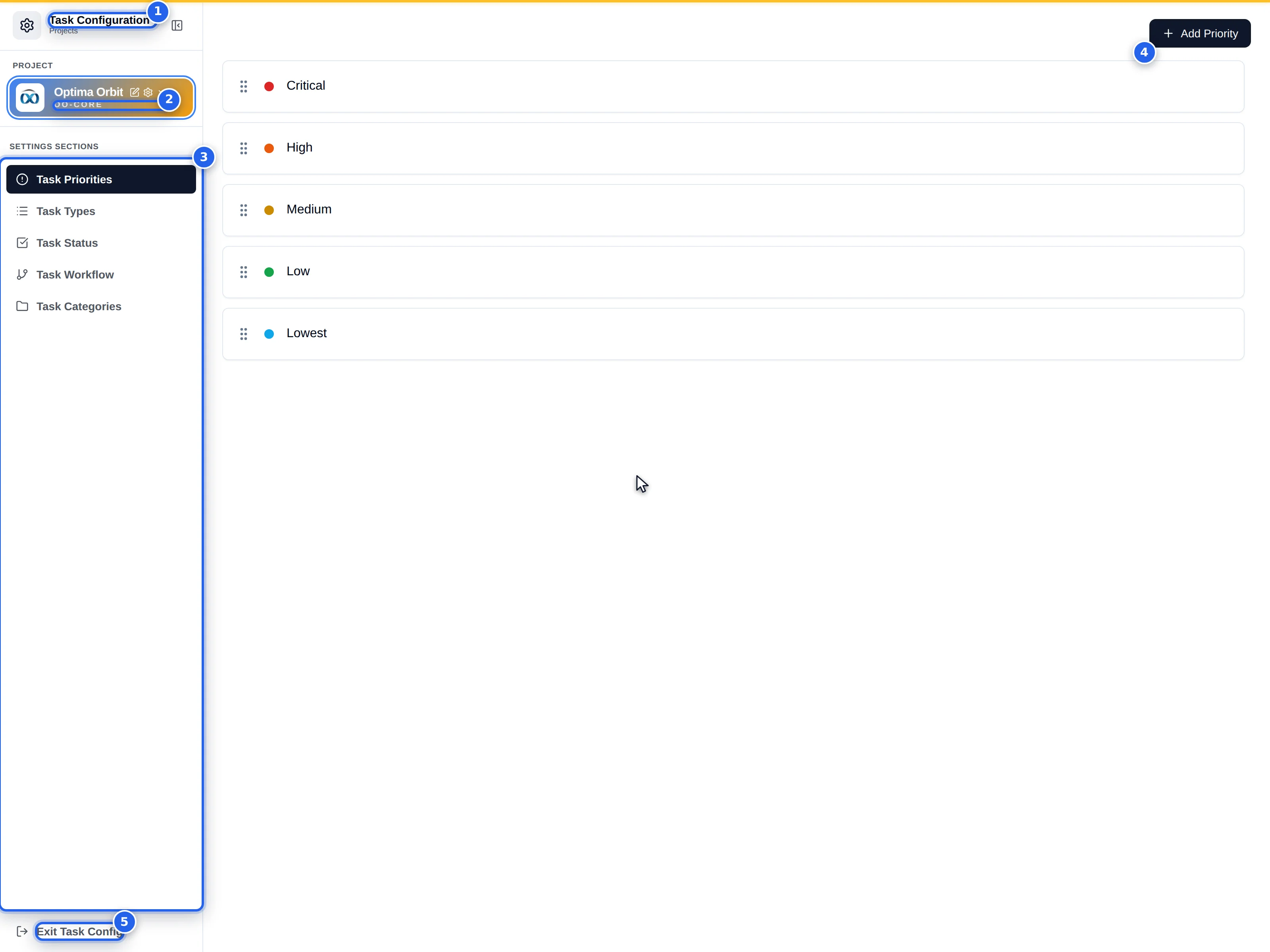 Full hub, pips: 1 brand block, 2 project selector, 3 section rail, 4 content pane, 5 Exit Task Config