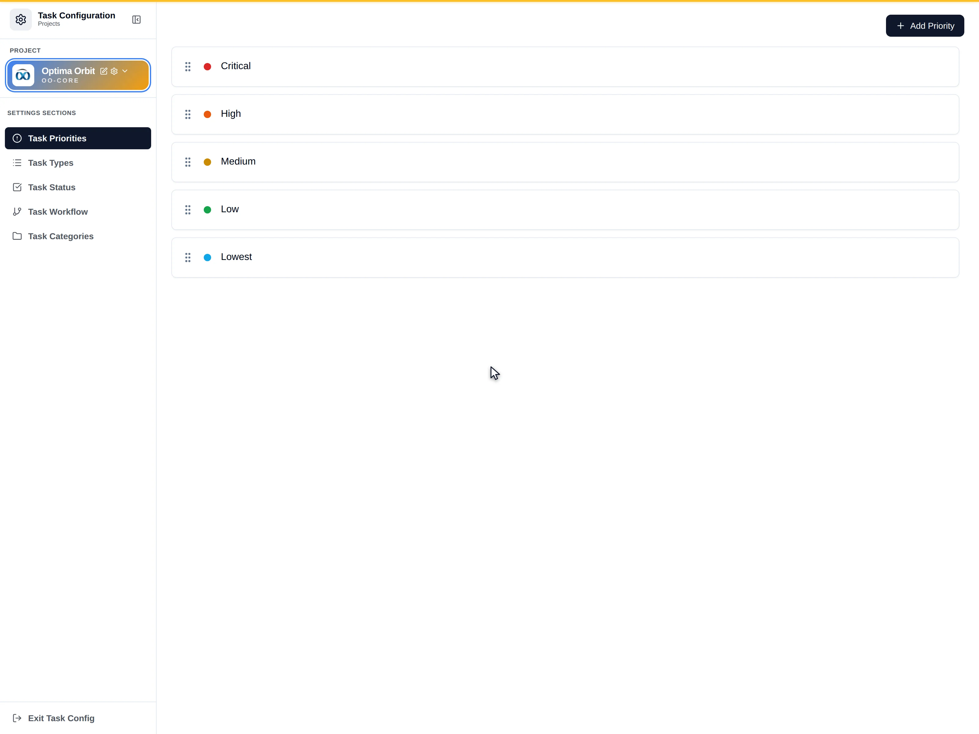 The priority list with drag handles, colour dots and hover actions