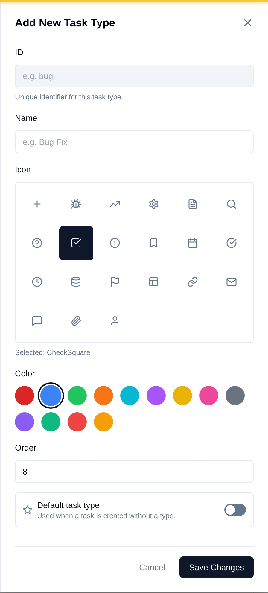 The Add New Task Type drawer, pips: 1 ID, 2 Name, 3 icon grid, 4 colour swatches, 5 Order, 6 Default toggle