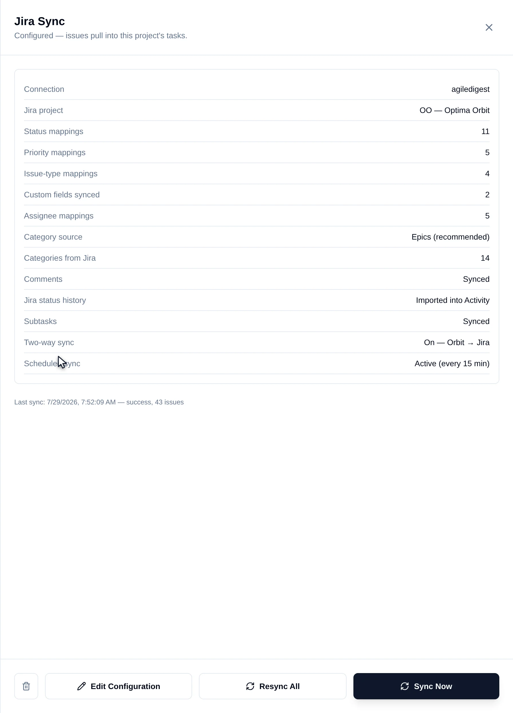 The Jira Sync drawer at step 1 with the six-step rail. Tall+narrow → Split