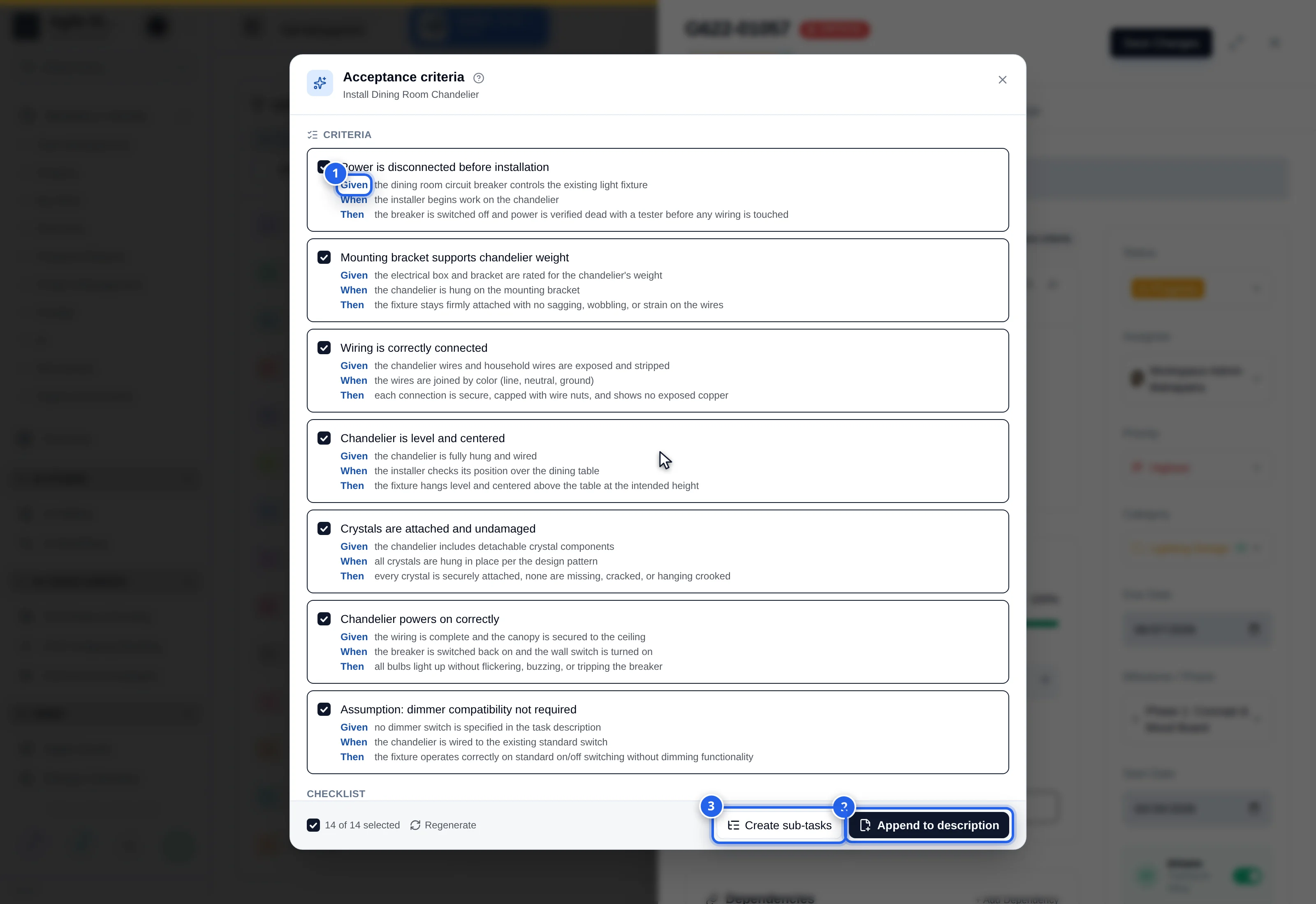 Acceptance criteria modal: 1 criteria list, 2 Append to description, 3 Create sub-tasks