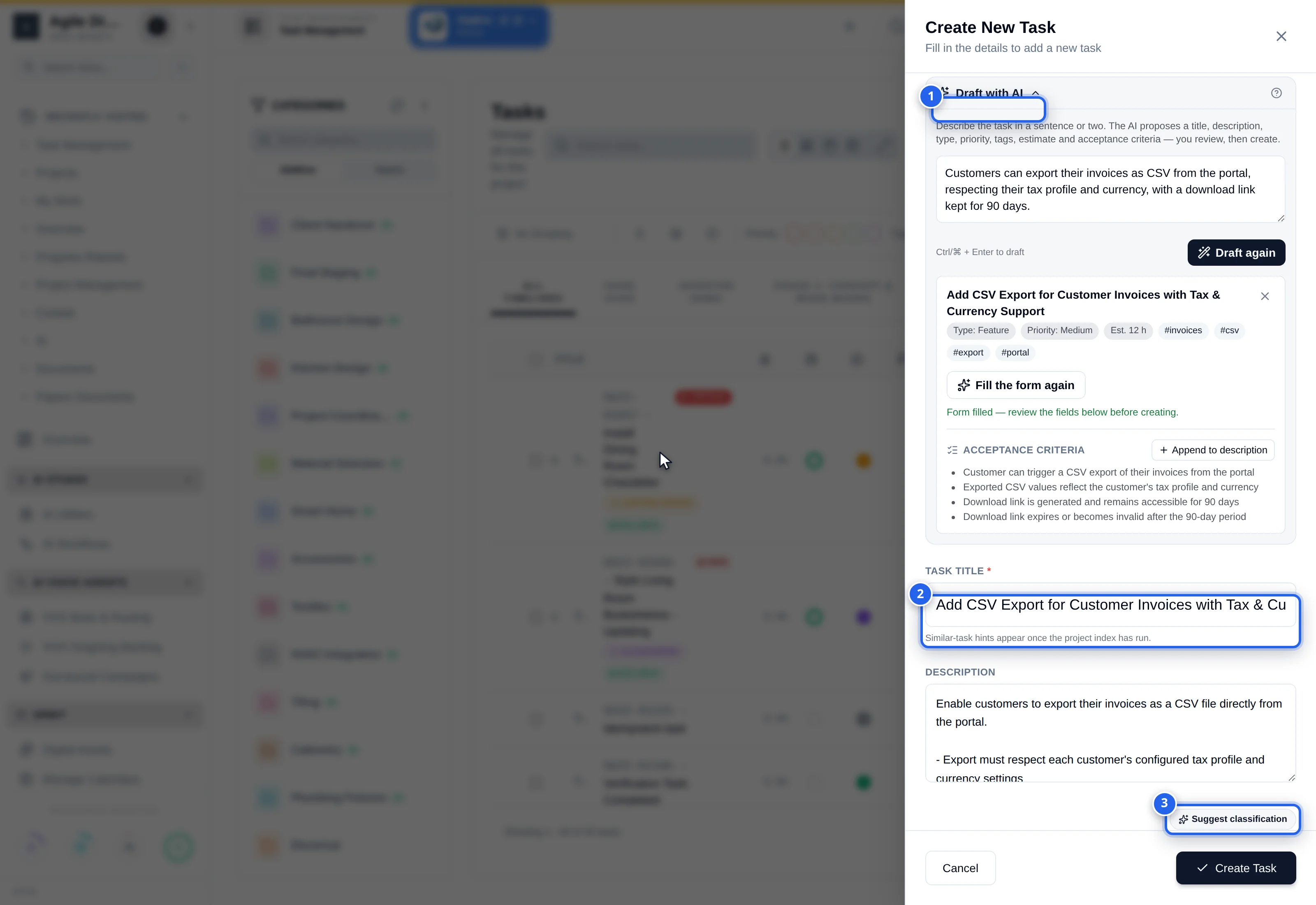Create task drawer with Draft with AI: 1 brief, 2 Draft, 3 pre-filled fields, 4 similar-task hint