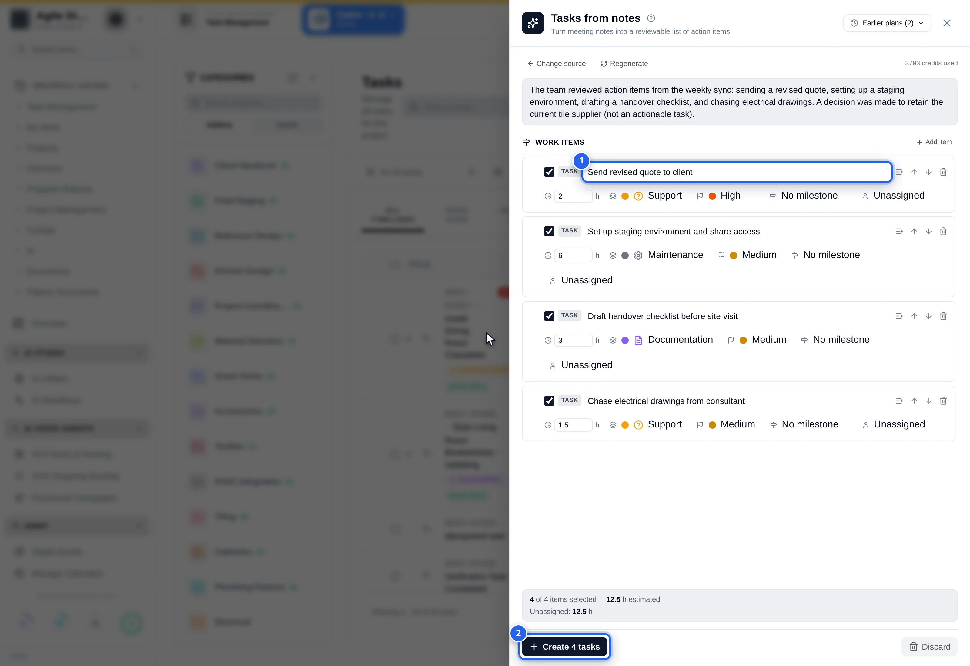Tasks from notes: 1 pasted notes, 2 Generate, 3 proposed tasks with owner and due hints