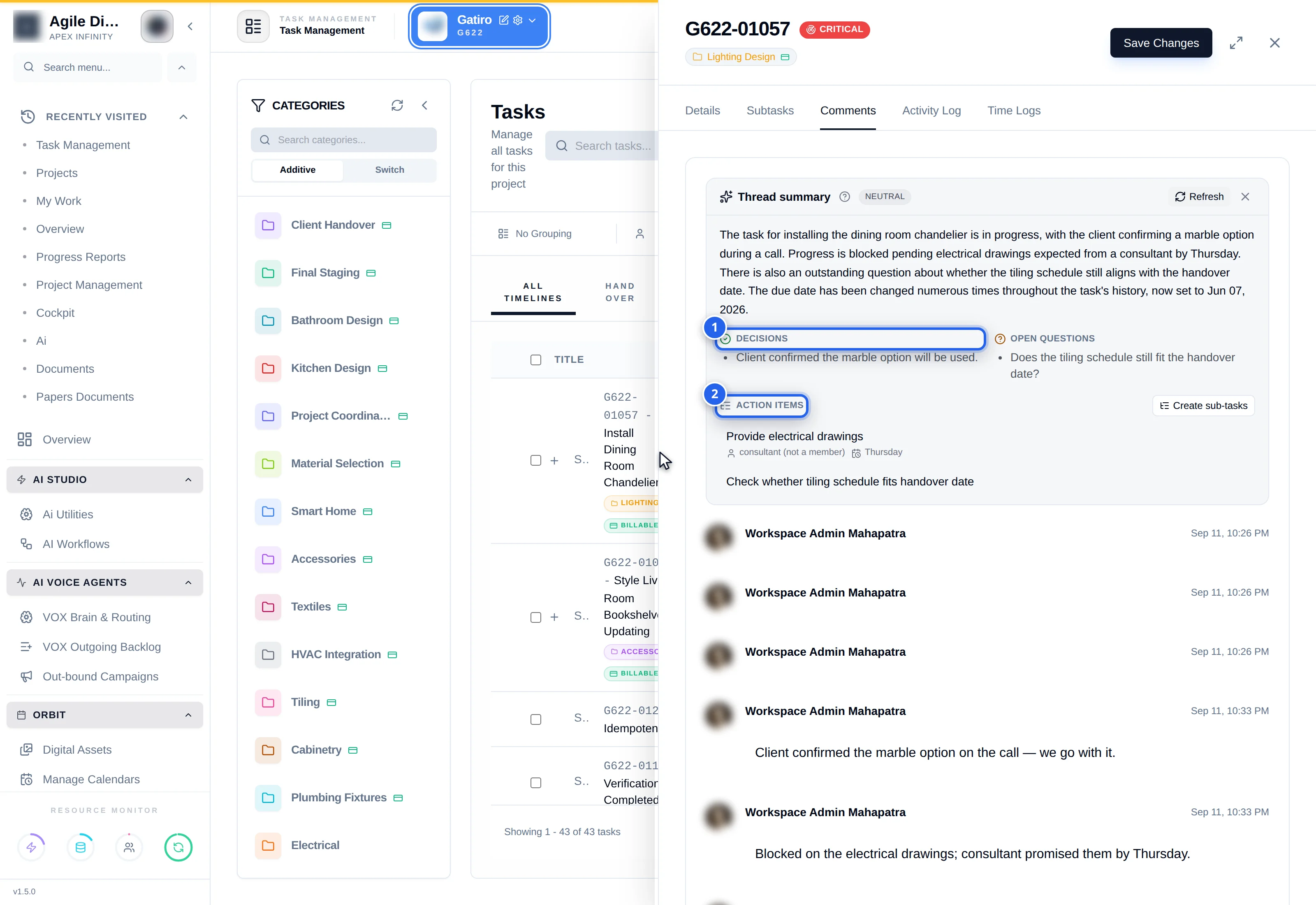 Thread summary card: 1 summary, 2 decisions, 3 action items with Create sub-tasks