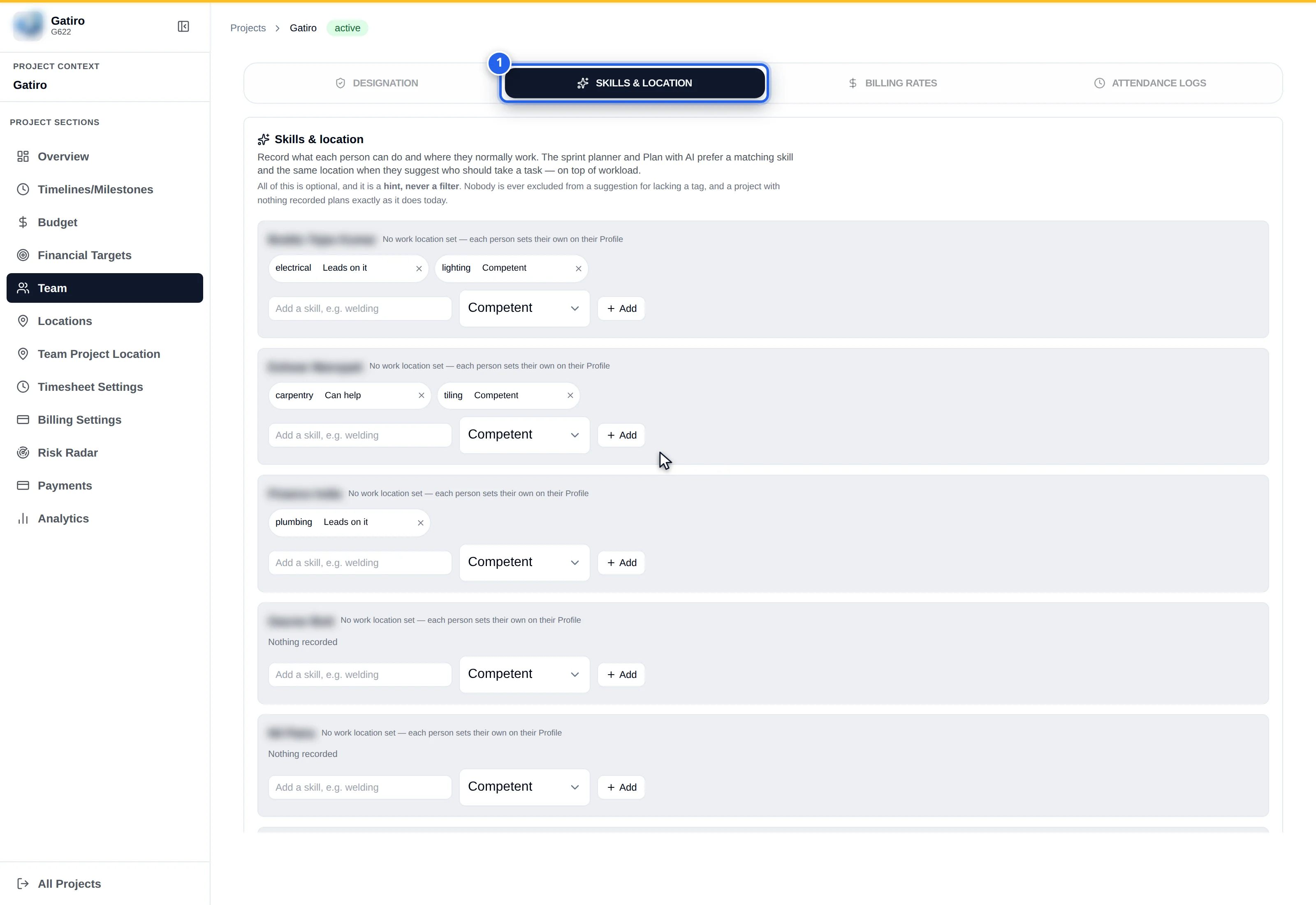 Project Team tab, Skills and Location: each member with a skill box, a level picker and Add