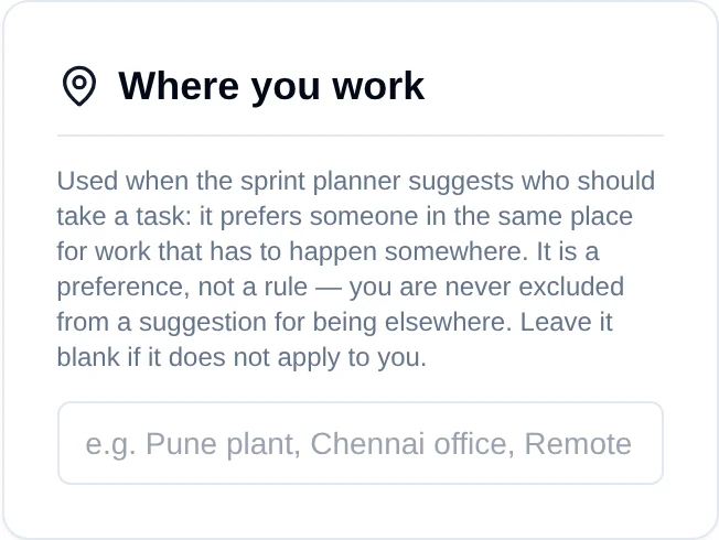 The Where you work card on your own profile, with a free-text location field