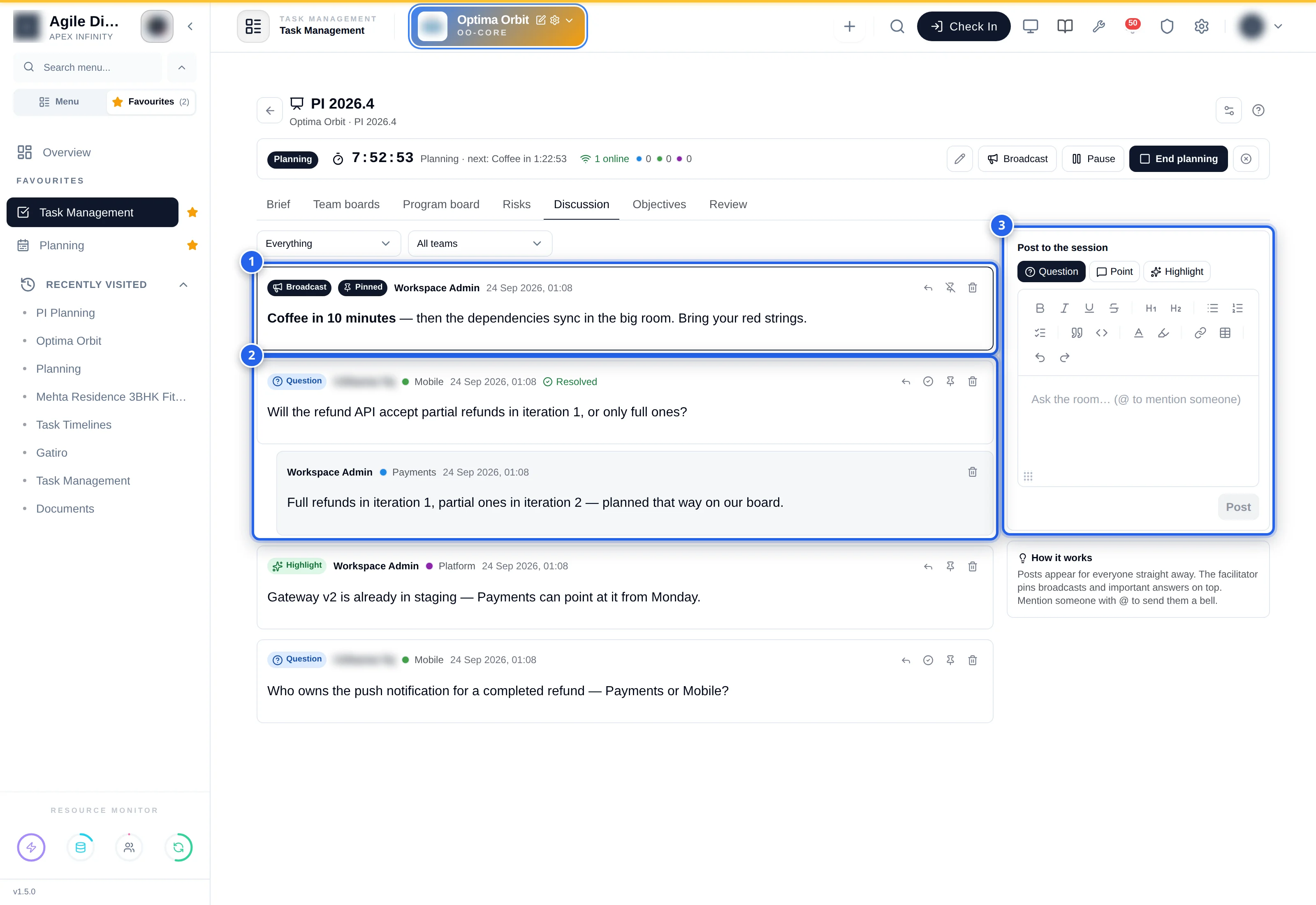 Discussion tab: filters Everything and All teams; 1 a pinned Broadcast by the facilitator, Coffee in 10 minutes; 2 a Mobile Question about partial refunds marked Resolved with a Payments reply below it; a Platform Highlight; another open Question; 3 the Post to the session composer with Question, Point and Highlight