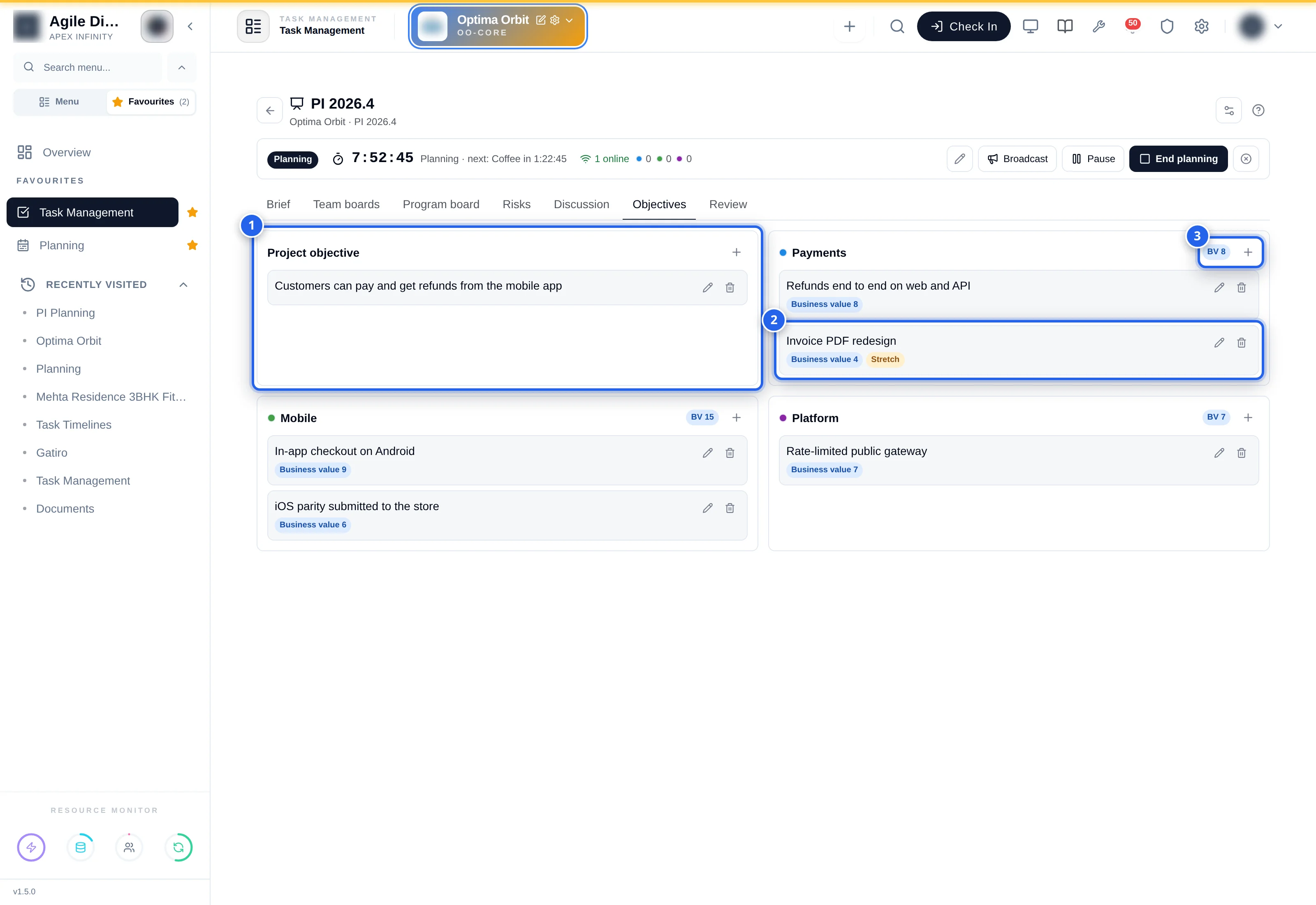 Objectives tab: 1 Project objective card, Customers can pay and get refunds from the mobile app; Payments with Refunds end to end on web and API (Business value 8) and 2 Invoice PDF redesign (Business value 4, Stretch); 3 the BV 8 total chip; Mobile BV 15 with two objectives; Platform BV 7
