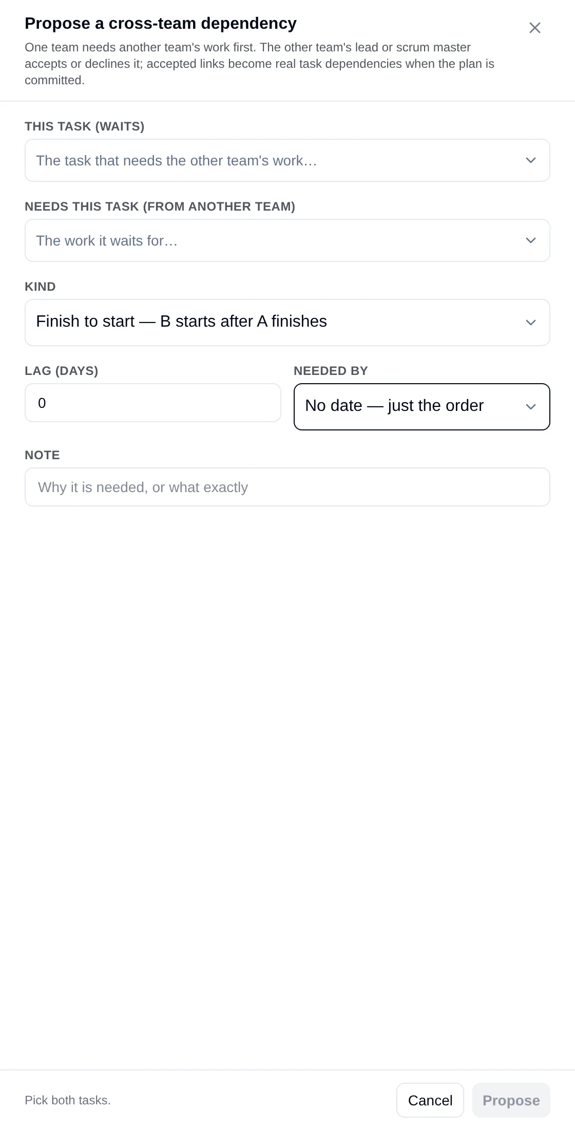 Propose a cross-team dependency drawer: This task (waits), Needs this task (from another team), Kind Finish to start, Lag (days) 0, Needed by No date — just the order, Note; footer Pick both tasks and a disabled Propose